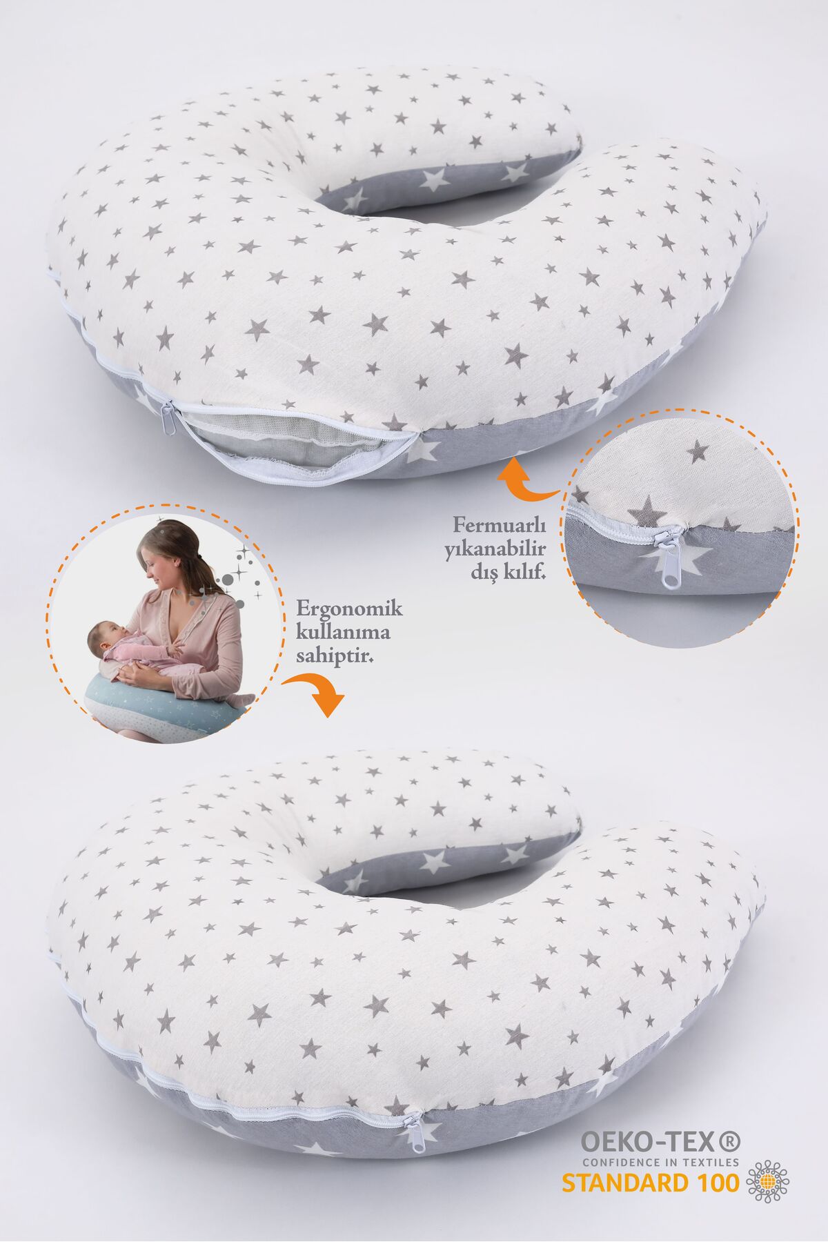 Fisun Baby Çift Taraflı Emzirme Yastığı Bebek Destek Minderi Hamile Yastığı %100 Pamuk - Bebek Gri Yıldız fotoğrafı 2 (önizleme)