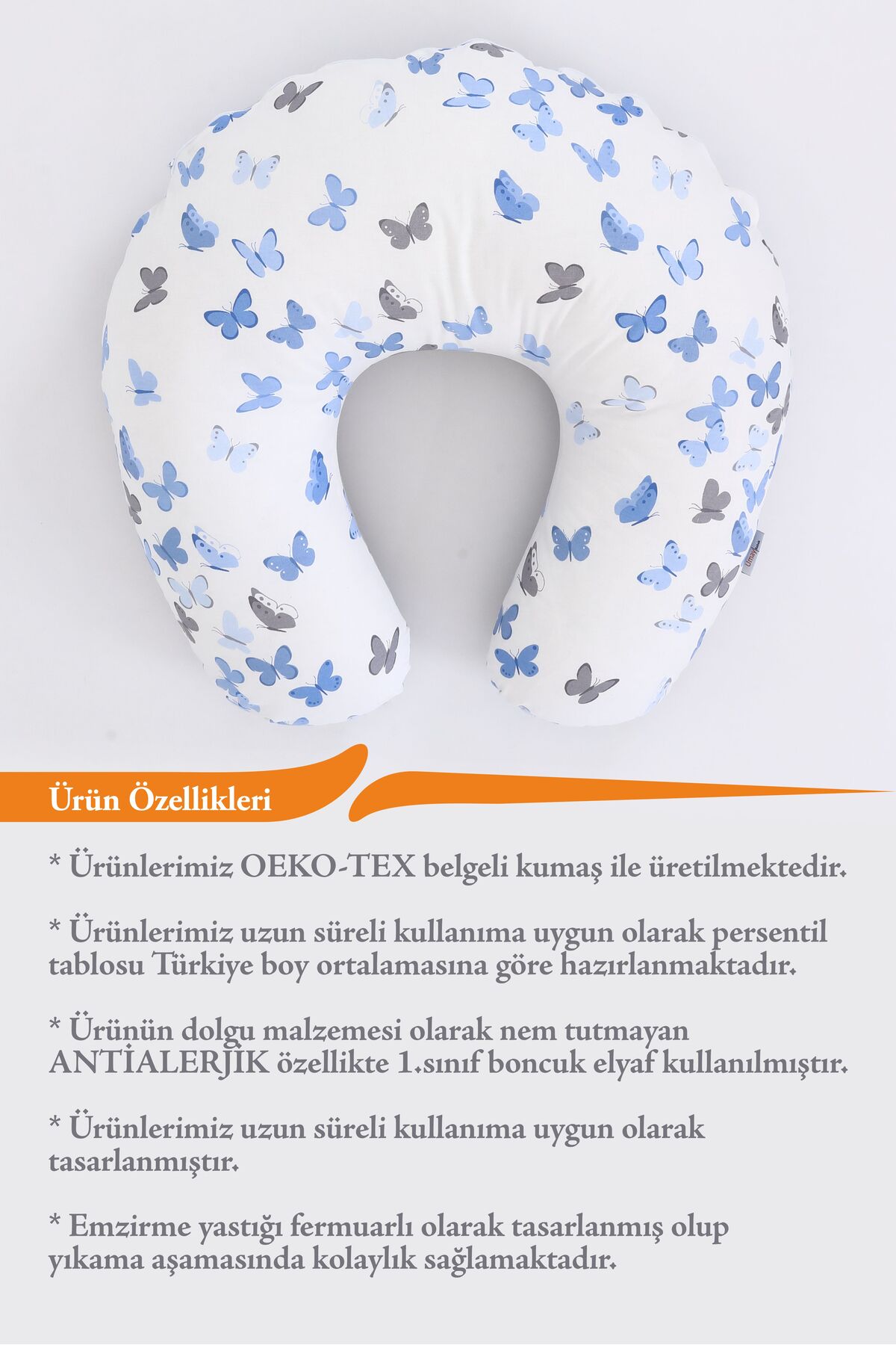 Umaybebek Emzirme Yastığı Minderi, Pamuk Kumaş - Mavi Kelebek fotoğrafı 3 (önizleme)