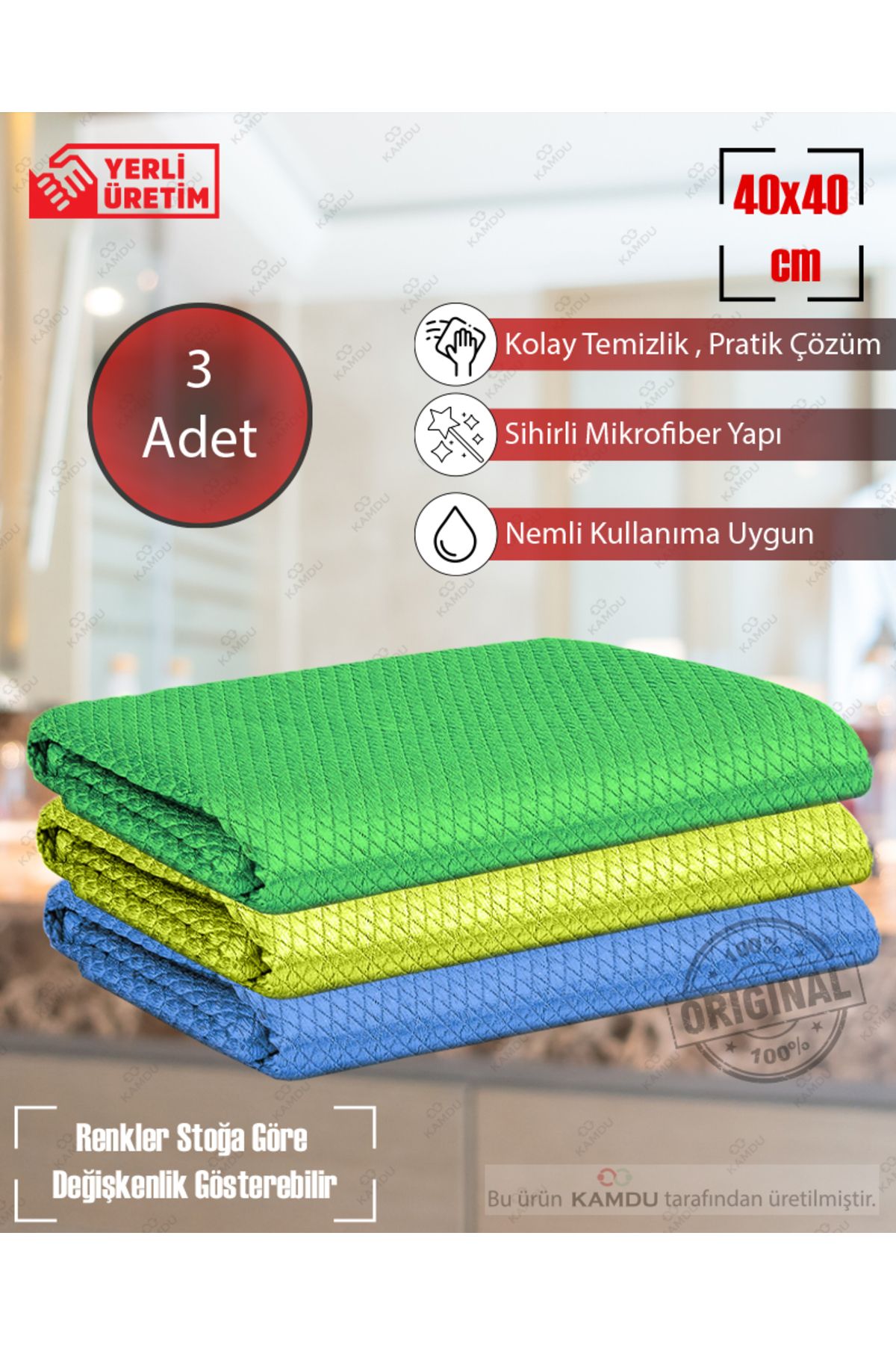 Kamdu 3 Adet Baklava Desen 40x40 Cm Mikrofiber Cam Bezi , Temizlik Bezi , Araba Bezi , Ofis Bezi