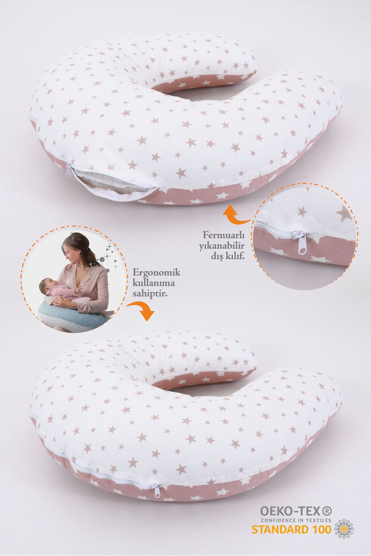 Fisun Baby Çift Taraflı Emzirme Yastığı Bebek Destek Minderi Hamile Yastığı %100 Pamuk - Bebek Pembe Yıldız fotoğrafı 2 (önizleme)