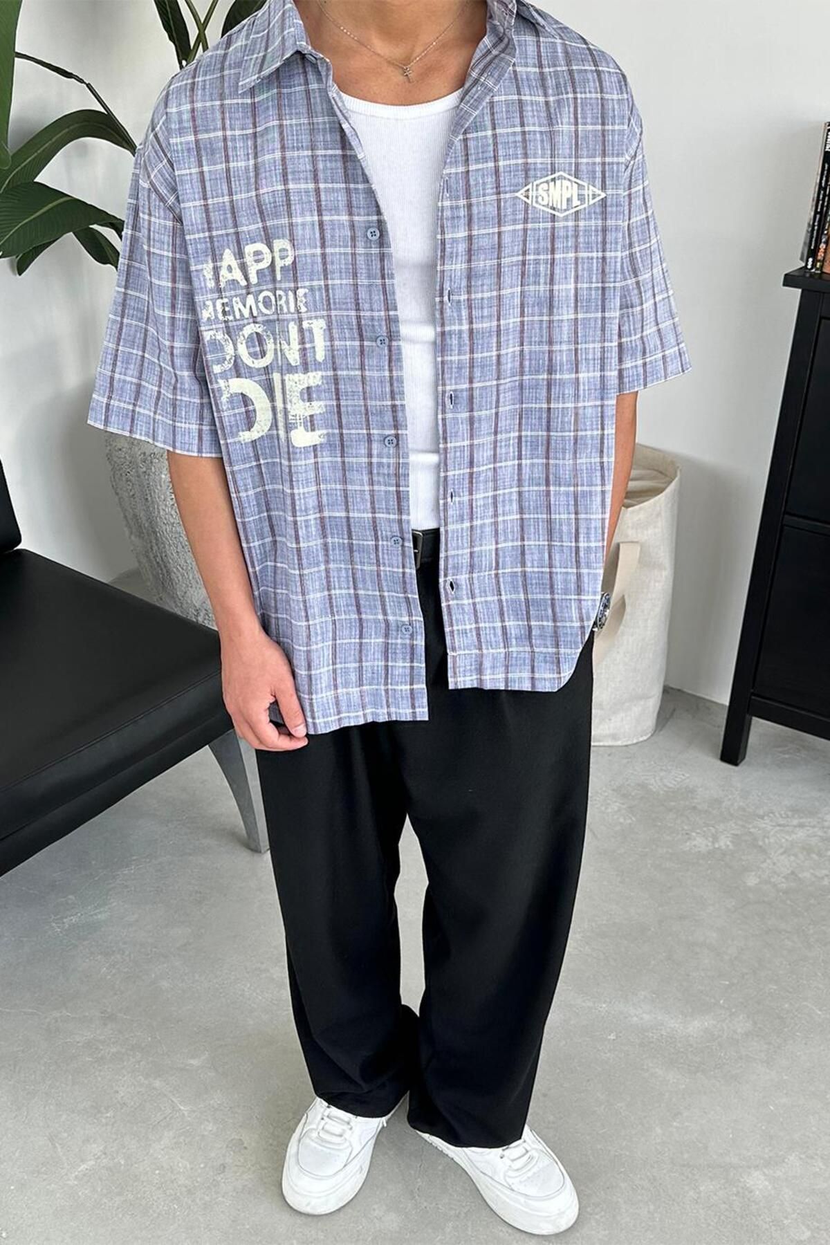 HAFKAGİYİM-Blue Old School Smpl Printed Short Sleeve Shirt 3
