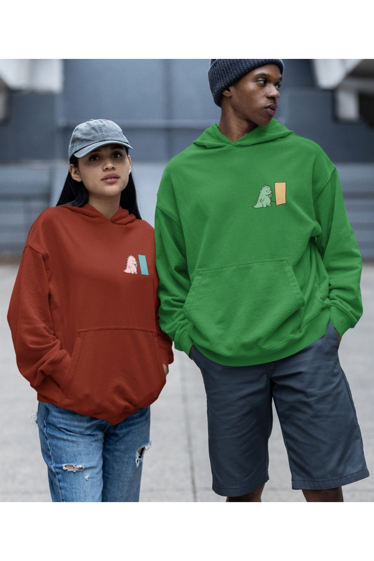 Terziligiyin Dinozor Baskılı Sevgili Sweatshirt Kombin İkili Set