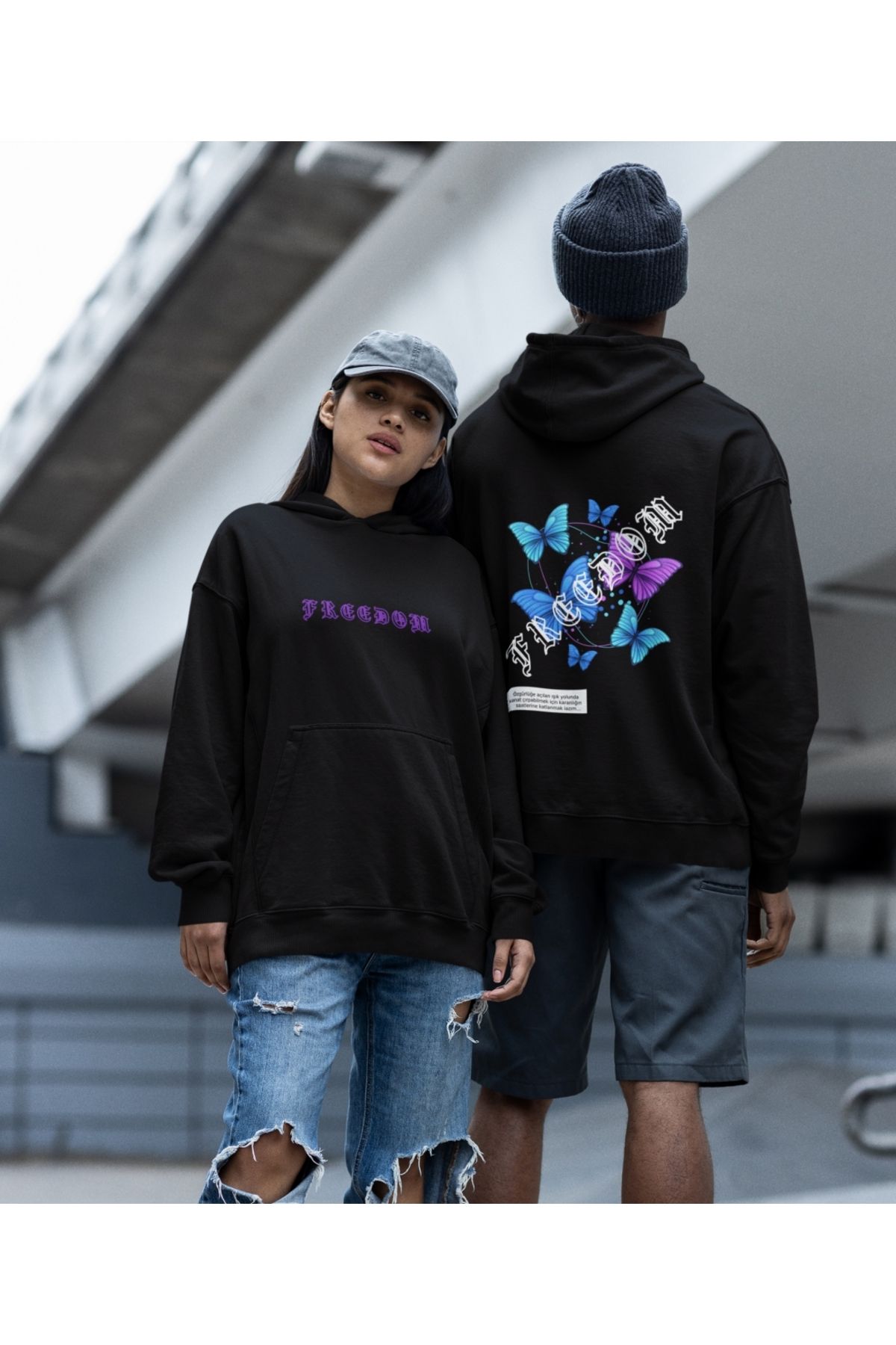 Terziligiyin freedom(özgürlük) kelebek baskılı çift sweatshirt 2'li set