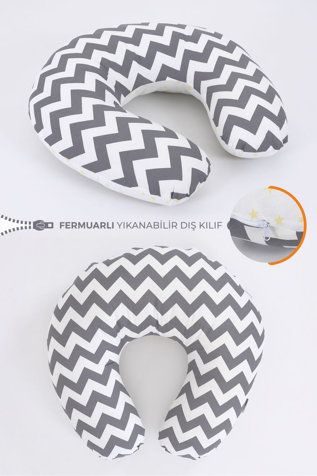 Umaybebek Emzirme Yastığı, Emzirme Önlüğü Set - Pamuklu Kumaş - Gri Zikzak fotoğrafı 2 (önizleme)