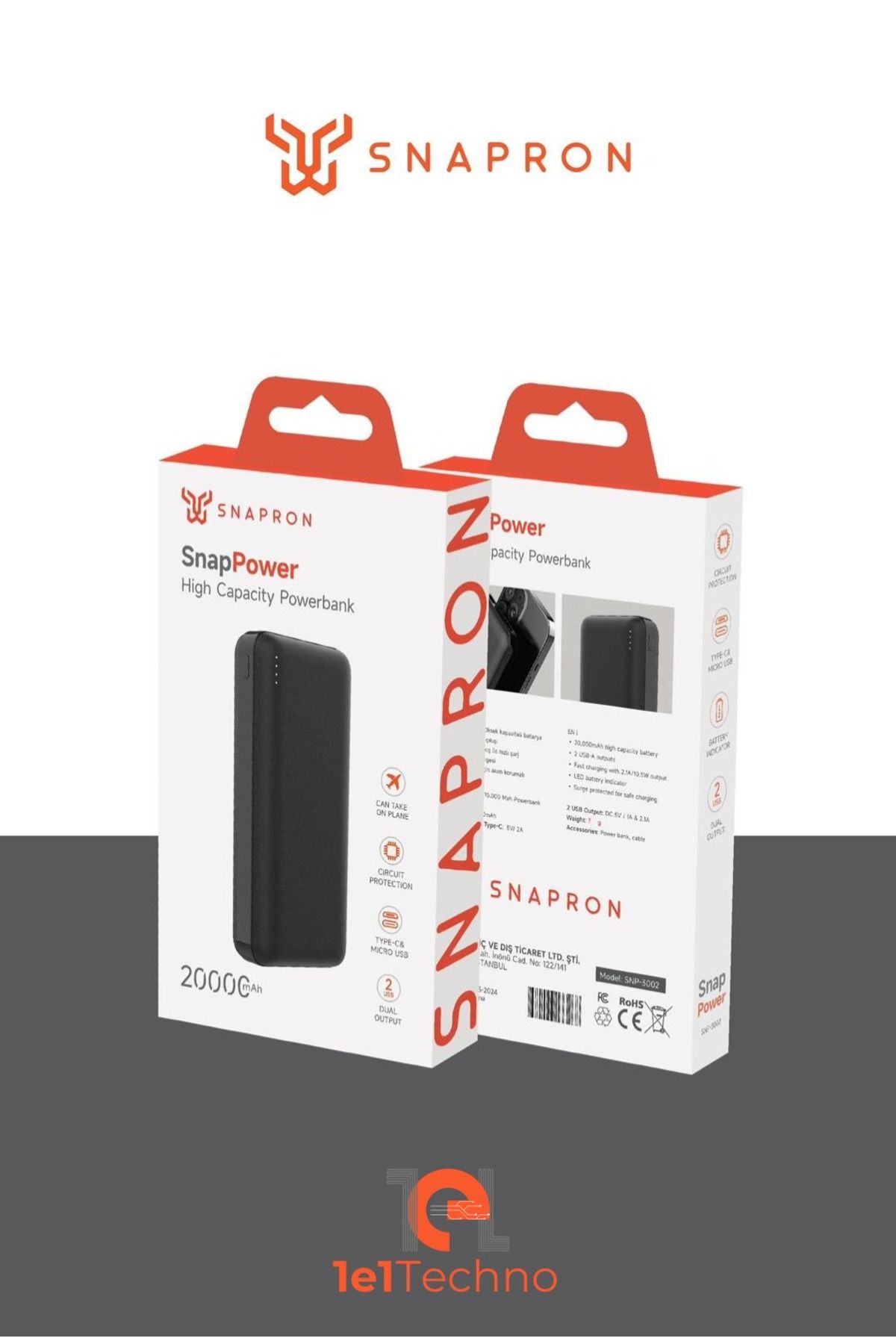 SNAPRON Snp 3002 Siyah Powerbank 20.000 Mah. Hızlı Şarj Özellikli. Usb Kablo Dahil