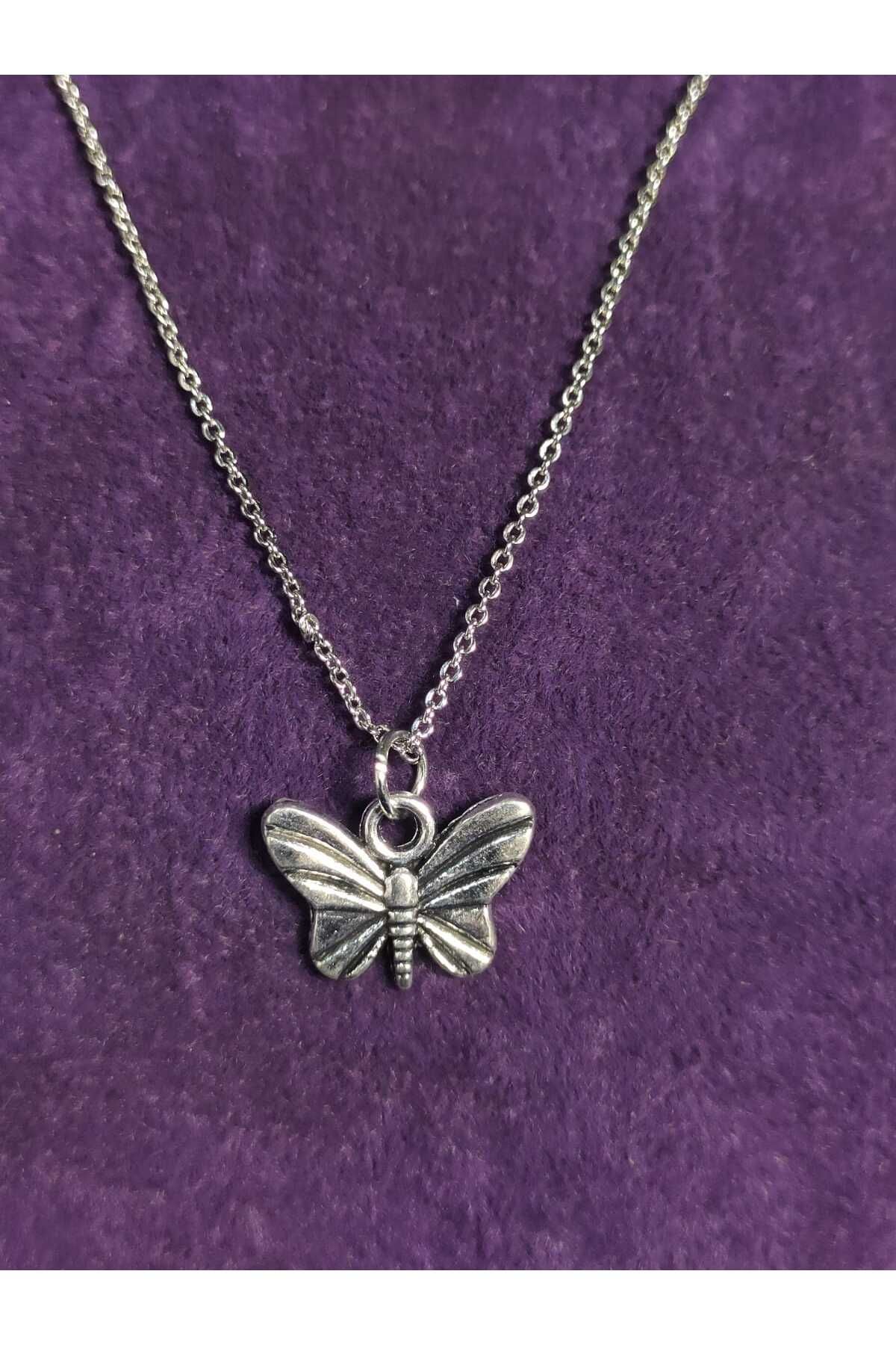 sarıyer silver-Minimal Steel Necklace with Butterfly Figure Without Stone 1