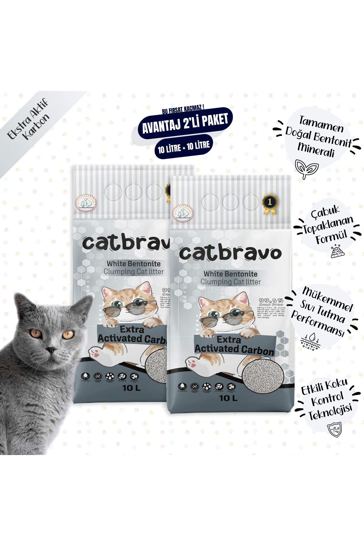 Catbravo Aktif Karbonlu Topaklanan Kedi Kumu 10 Lt X 2 Adet