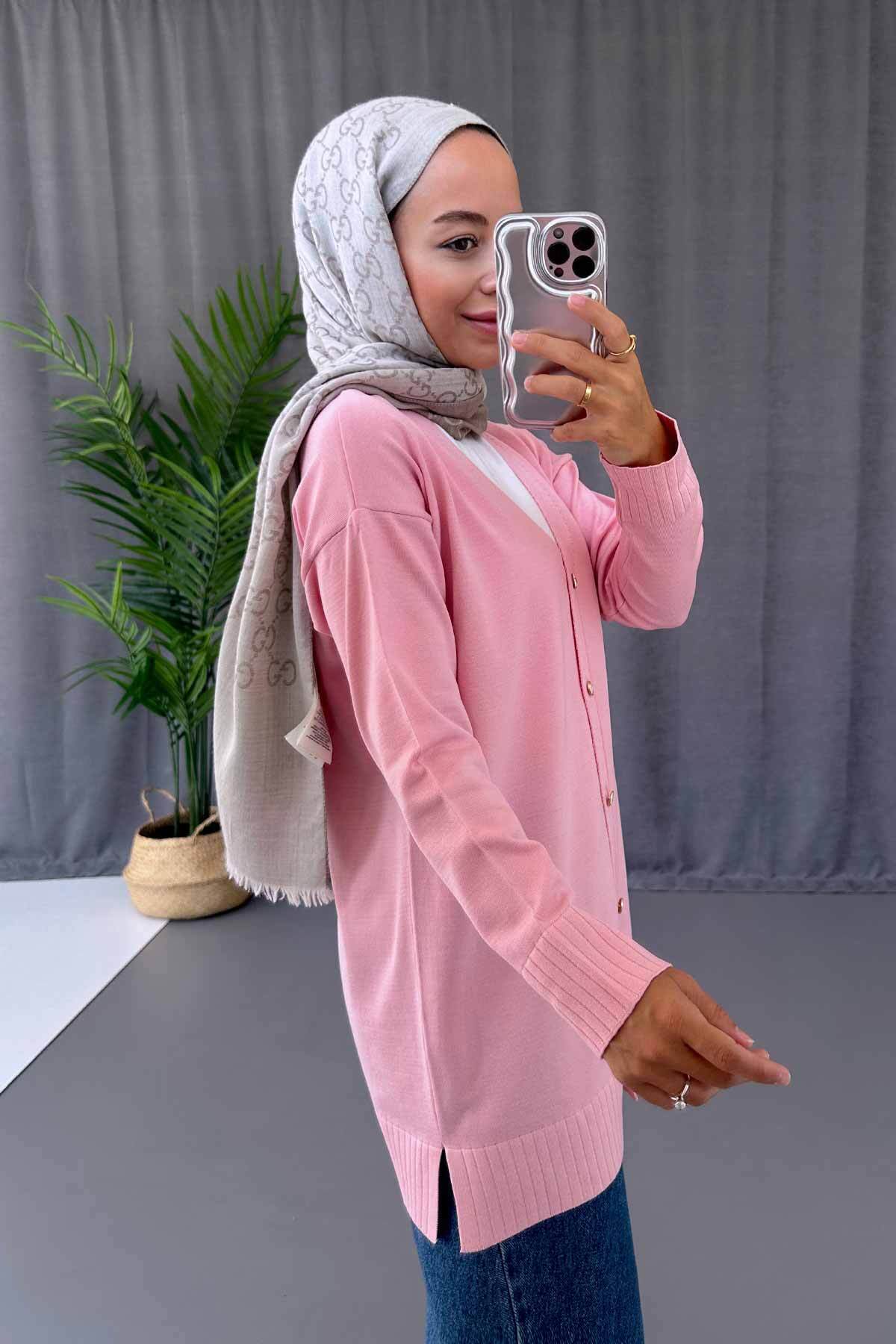 Ka Hijab-Mercerized Hijab Cardigan with V-Neck Side Slits - Pink 2