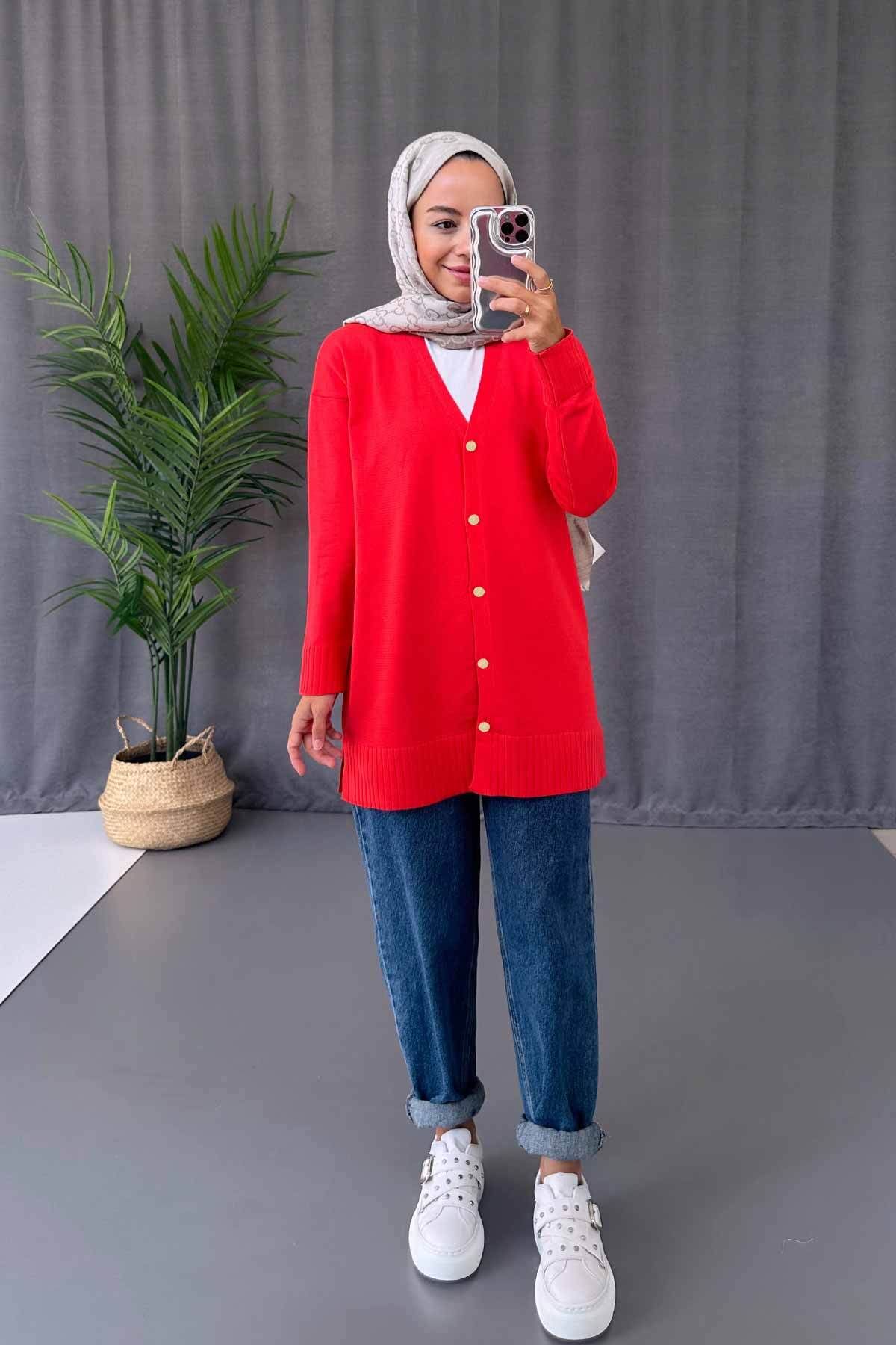 Ka Hijab-كارديجان مرسيريزد بفتحة جانبية ورقبة على شكل حرف V - أحمر 4