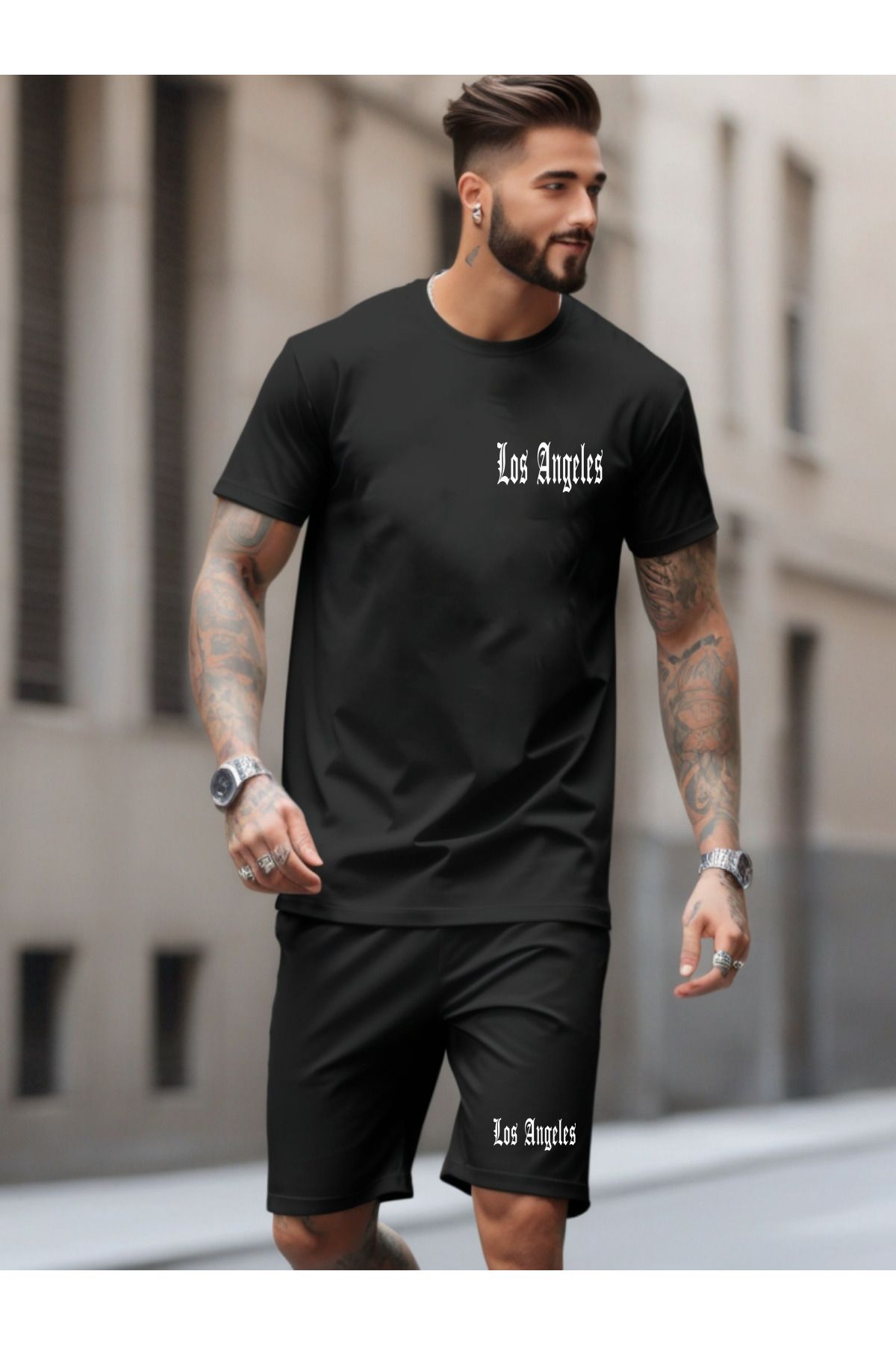 DEEPSENCE-Black Men's T-Shirt and Shorts Set - Los Angeles Printed, Combed Fabric 2