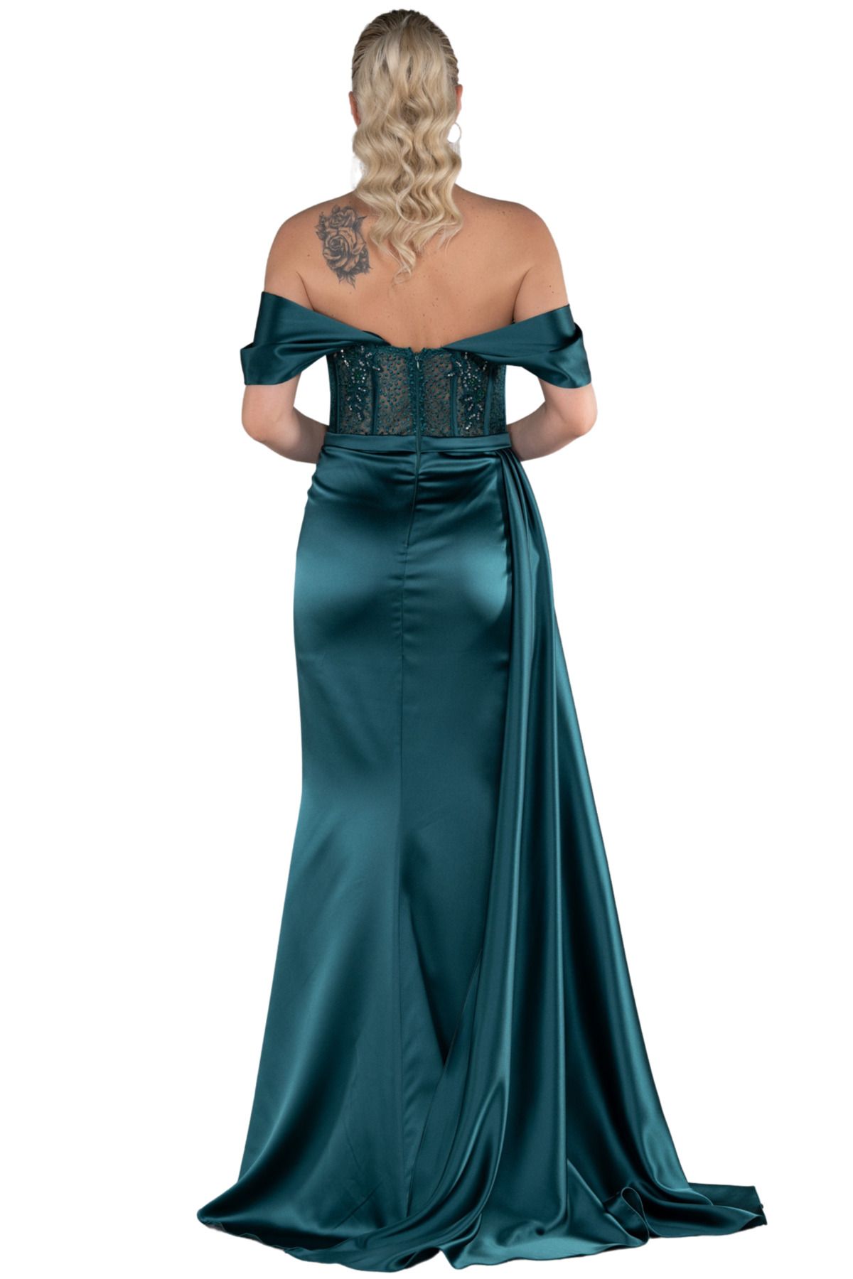 Arden-Emerald Satin Long Evening Dress with Madonna Neckline and Slit, Wedding/Engagement/Homecoming Dress, 38-44 3