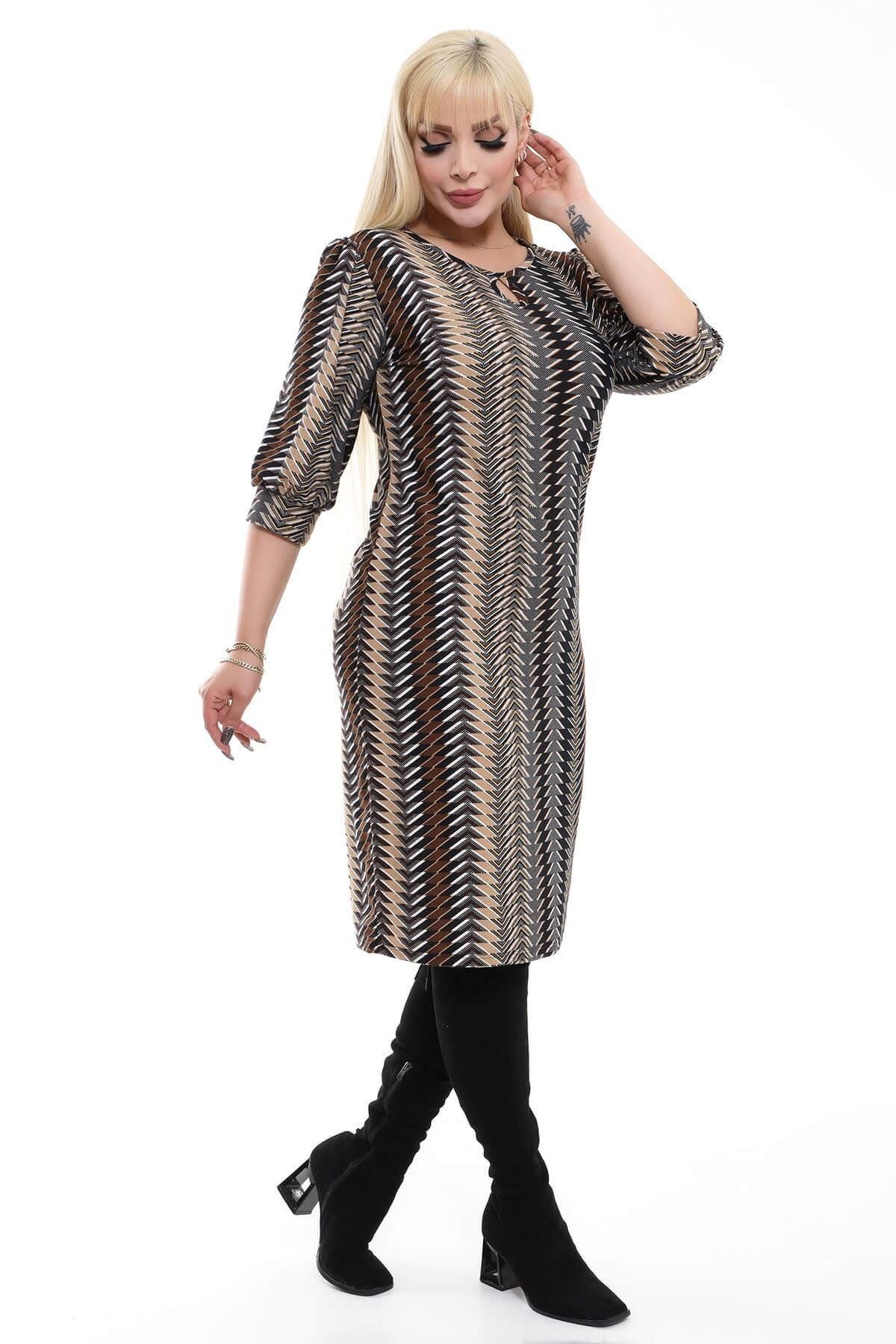 Mooi XXL-Rochie de damă, maro, bej, cu model etnic, guler căzut, mânecă cu balon, rochie supradimensionată din piele intoarsa elastica 3
