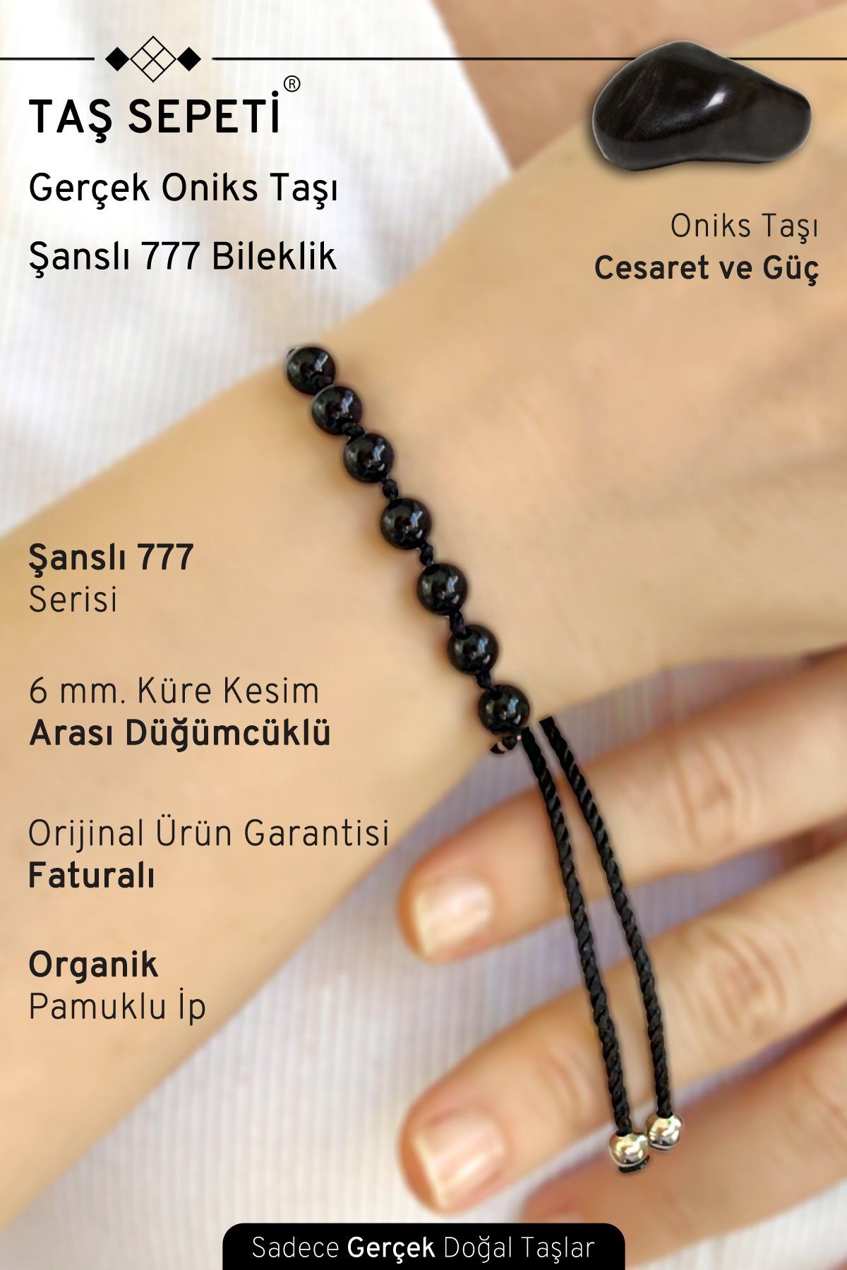 TAŞ SEPETİ 777 Şanslı Serisi Gerçek Oniks Doğal Taşı Unisex Şans Bilekliği