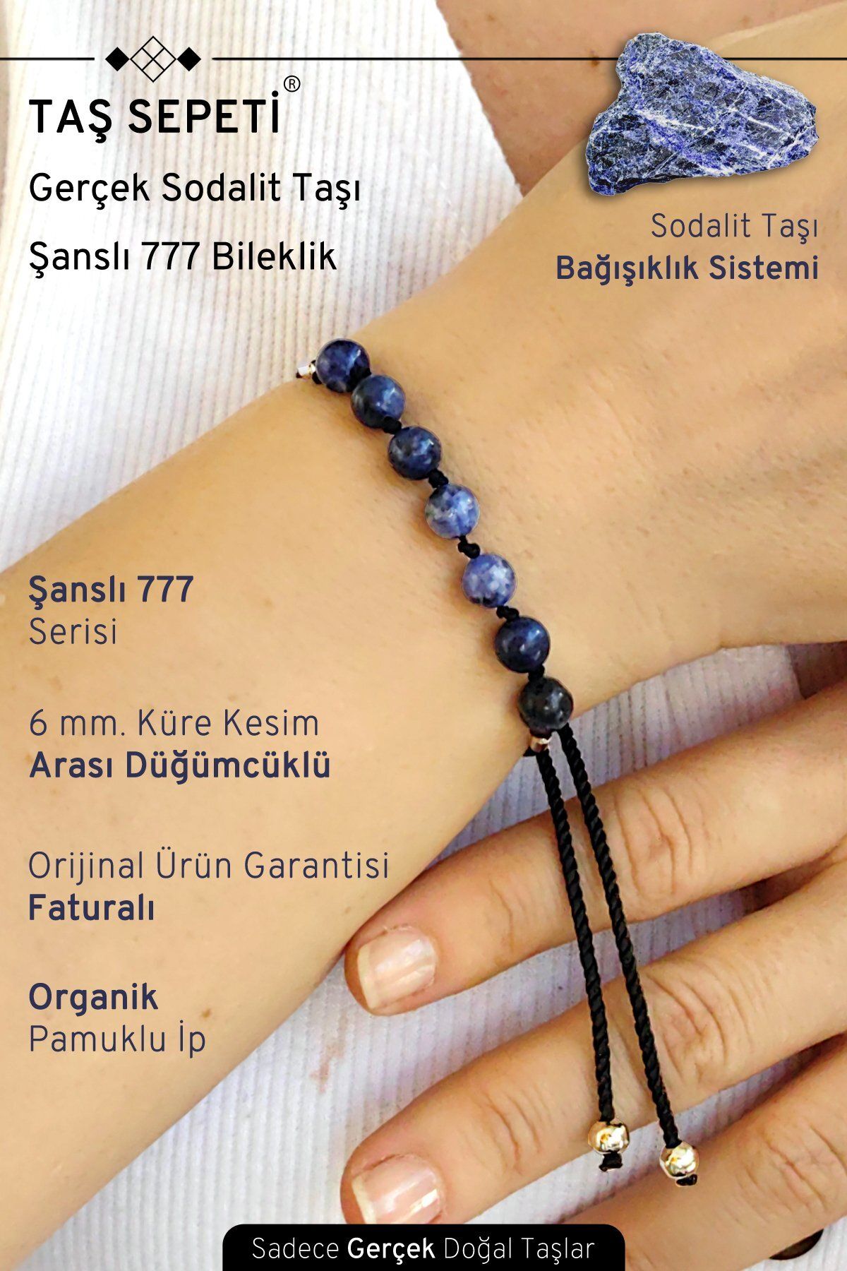 TAŞ SEPETİ 777 Şanslı Serisi Gerçek Sodalit Doğal Taşı Unisex Şans Bilekliği