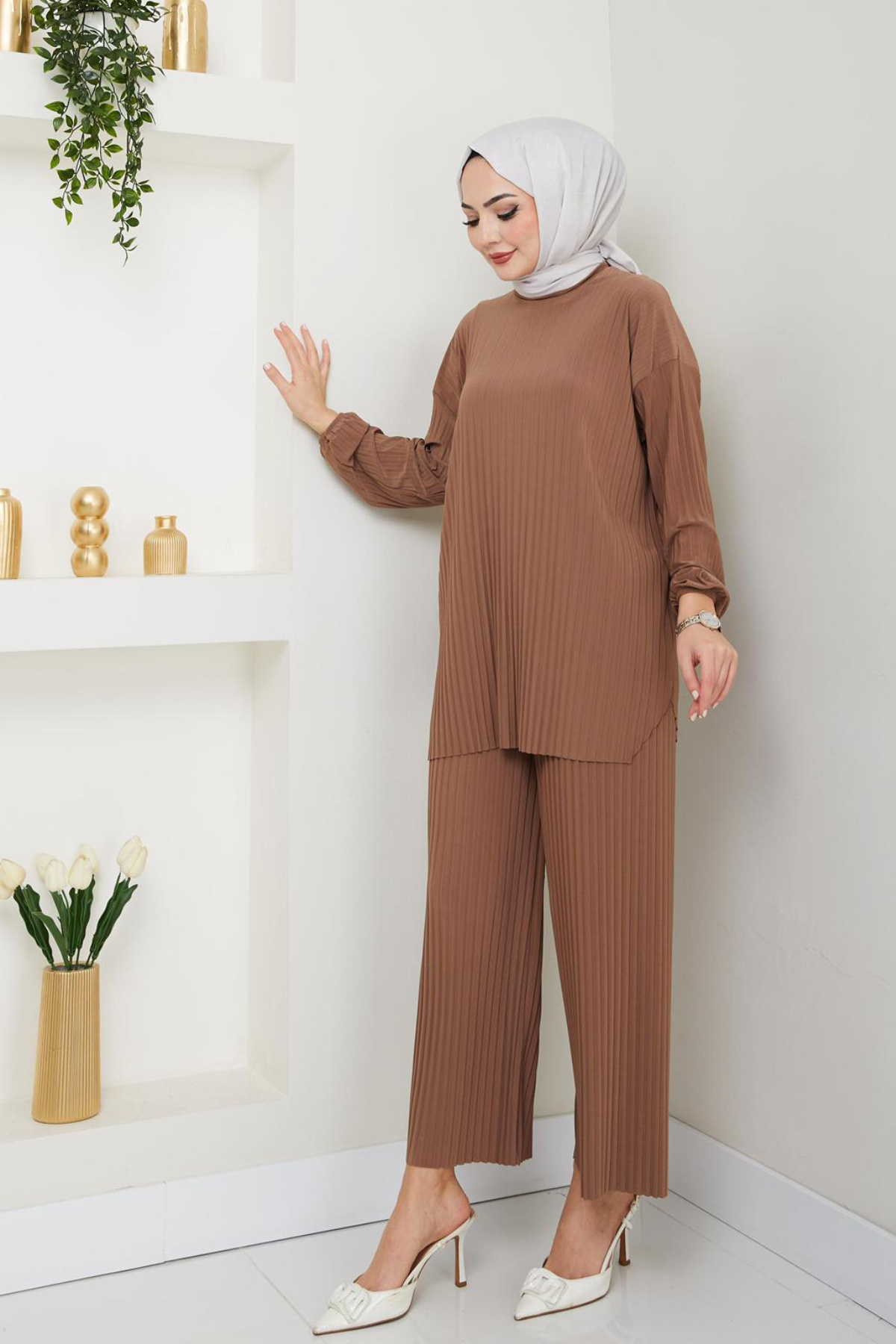 Bold Grup-Women's Sandy Full Pleated Loose Tunic Pants Hijab Double Set 6