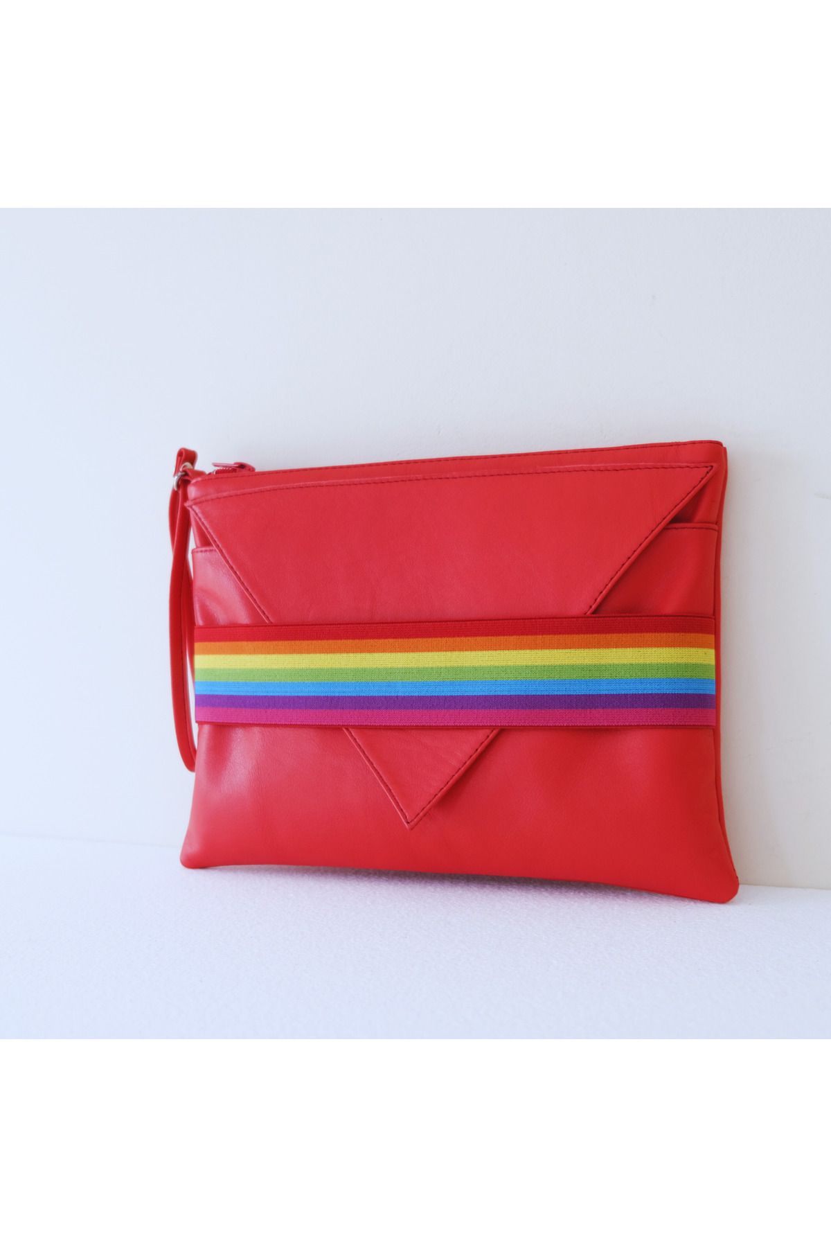 Atelier Nui Red Rainbow Lover Clutch / Kırmızı Hakiki Deri Gökkuşağı Şeritli Portföy Çanta