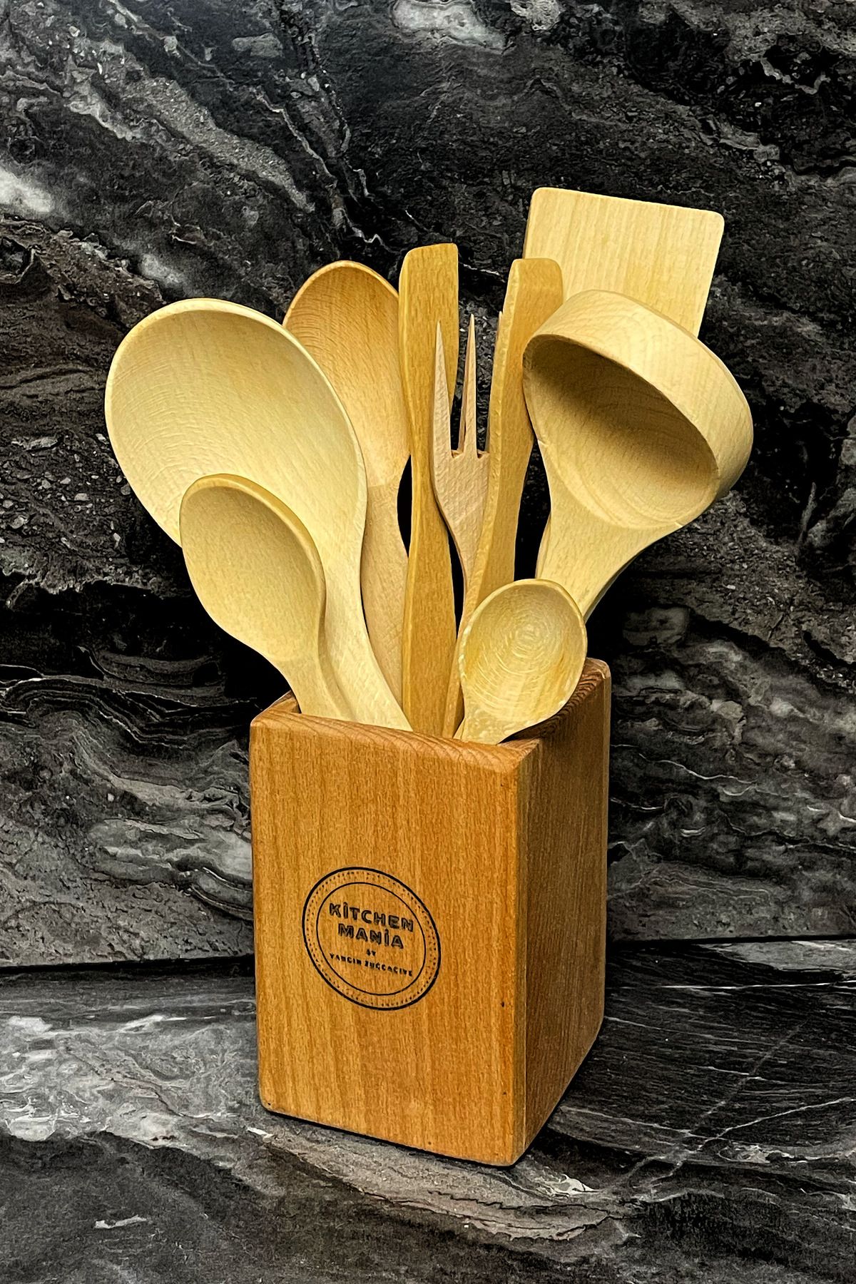 Kitchen Mania 9 Parça Pro Kayın Ahşap Kaşık Seti-Ahşap Standlı-Tahta Spatula Servis Kepçe Ağaç Çatal Maşa Set