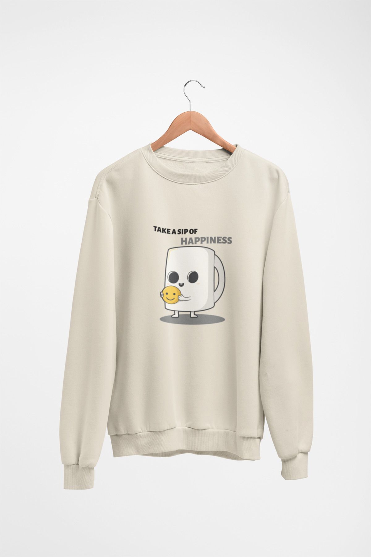 Butik Unisex Uzun Kol HAPPINESS Transfer Baskılı Bisiklet Yakalı Sweatshirt