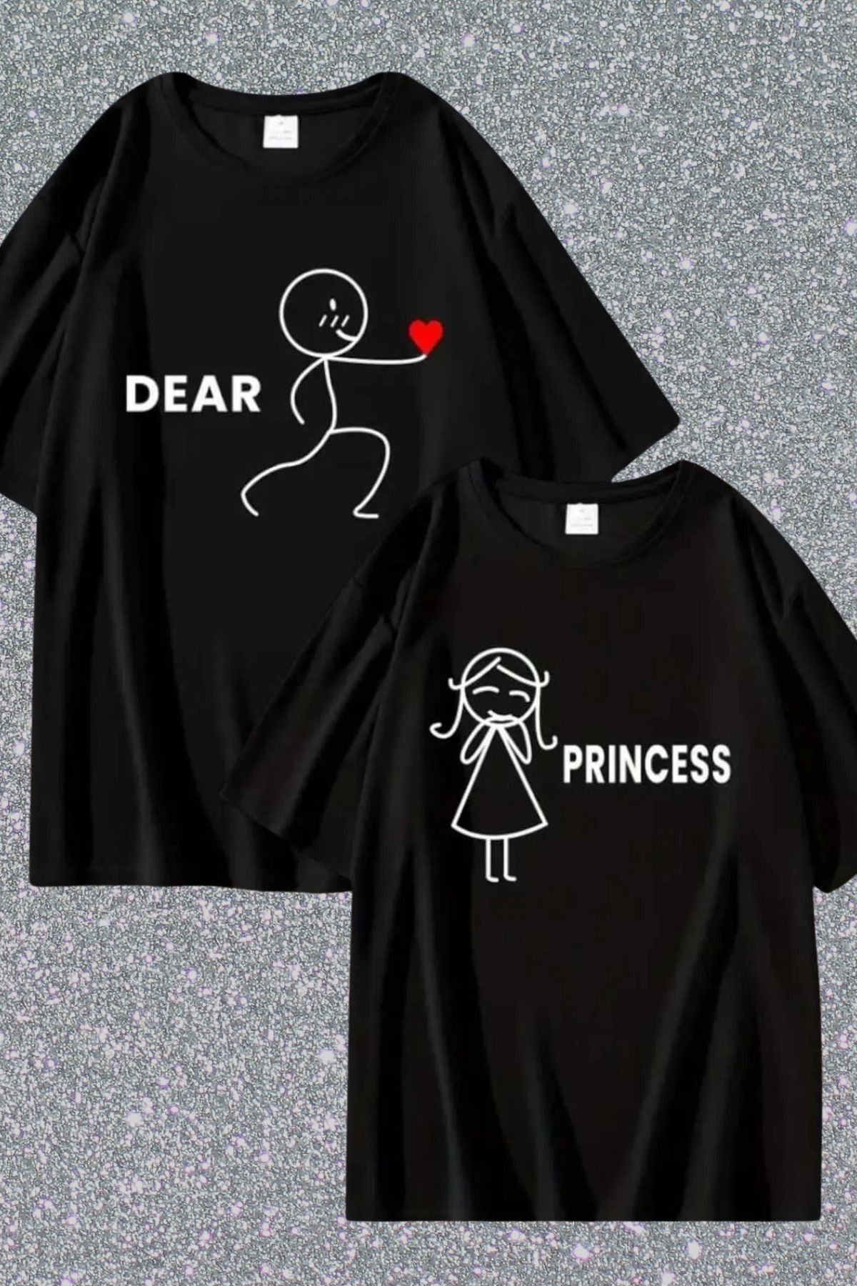 FECCY Pamuklu 2 li Sevgili Çİft Kombini Dear Prıncess Baskılı T-shirt Unisex Salaş Oversize Boyfirend