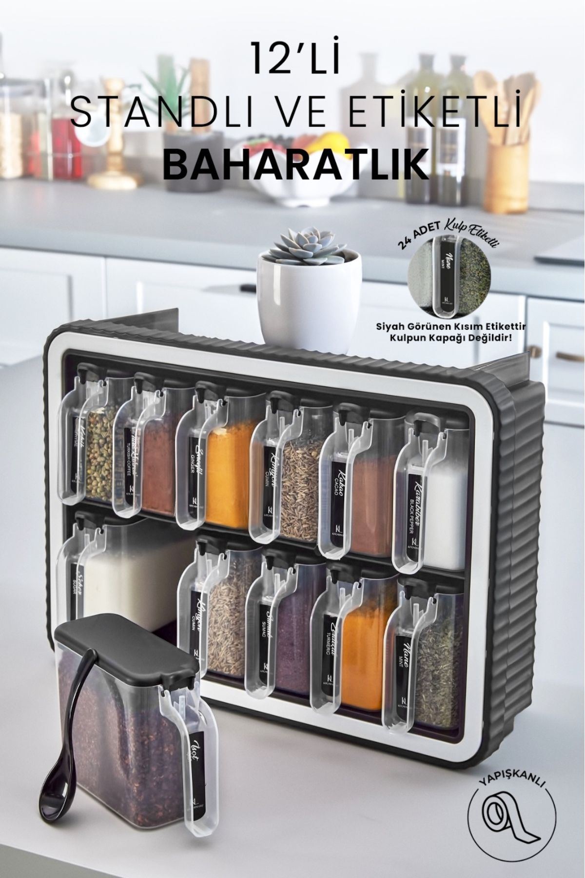 NESS HOME-12-Piece Spice Rack Set with Self-Adhesive Lid and Spoon, Handle, Unbreakable Chamber, Lightweight Stand 2