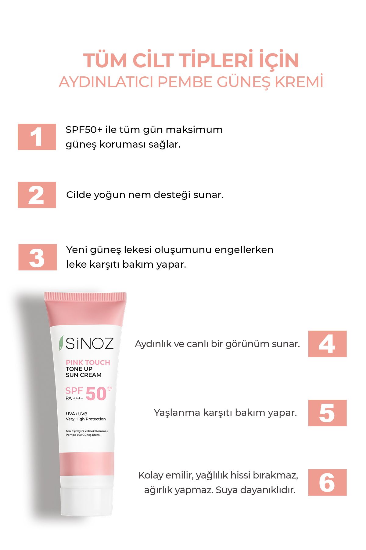 کرم ضد آفتاب صورت صورتی روشن کننده پوست با SPF50+ Pink Touch 50ml-برای همه پوست-PA++++ Sinoz