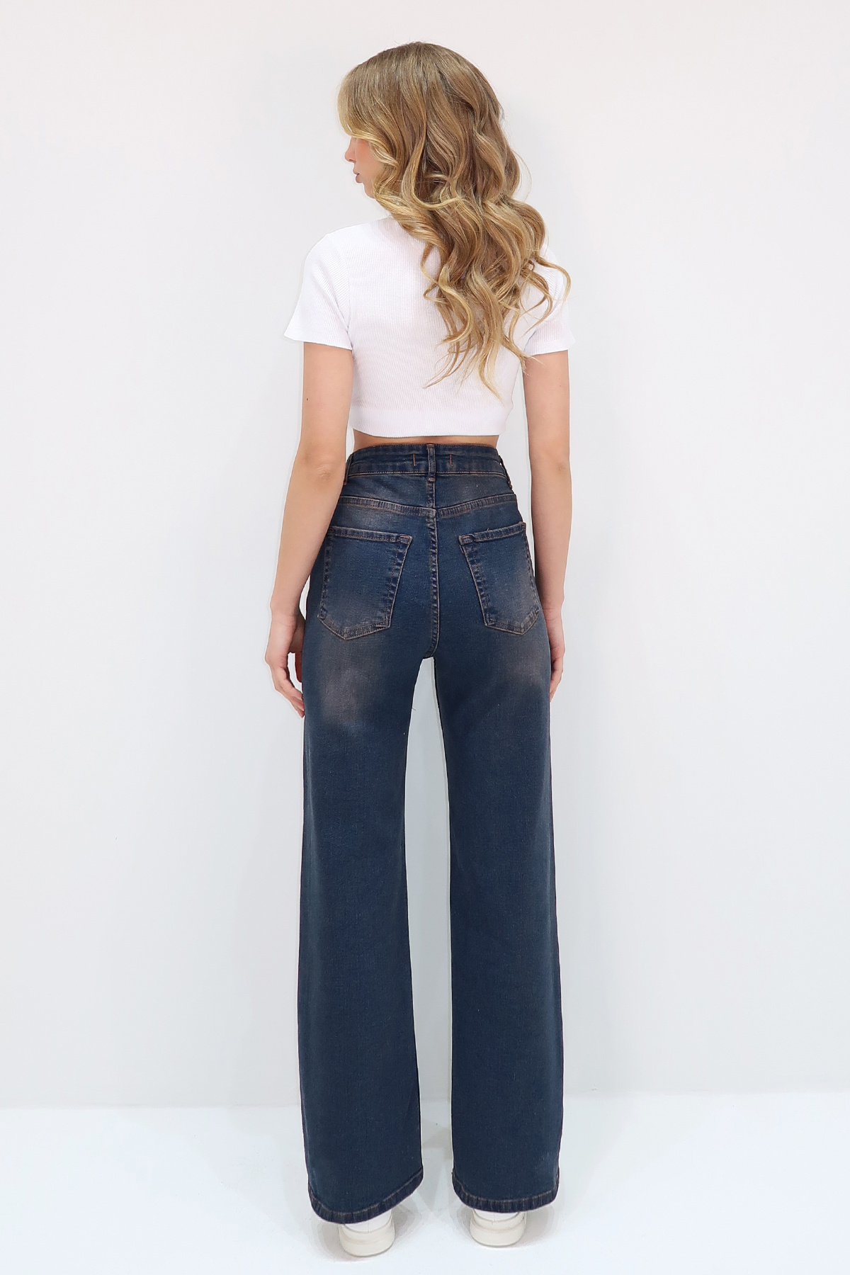 Kadın Koyu Mavi Vintage Yıkamalı Soluk Efektli Wide Leg Pantolon ALC-X13534