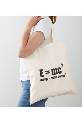 Enerji = Milk X Coffee E=m.c2 Baskılı Ham Bez Omuz Çantası enerjiiperagifgf6n1