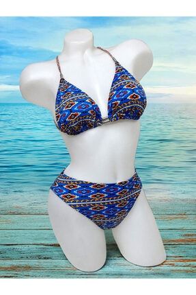 Kadın Mavi Boyundan Bağlamalı Desenli Bikini Takımı 45262/253