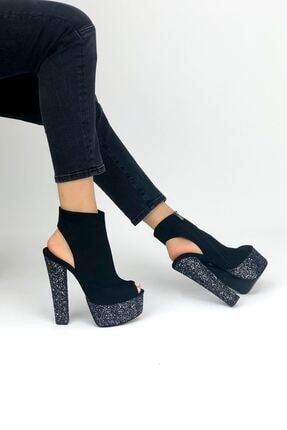 Kadın Topuk Açık Detaylı Fermuarlı Yüksek Kalın Topuklu Siyah Ayakkabı 9127575