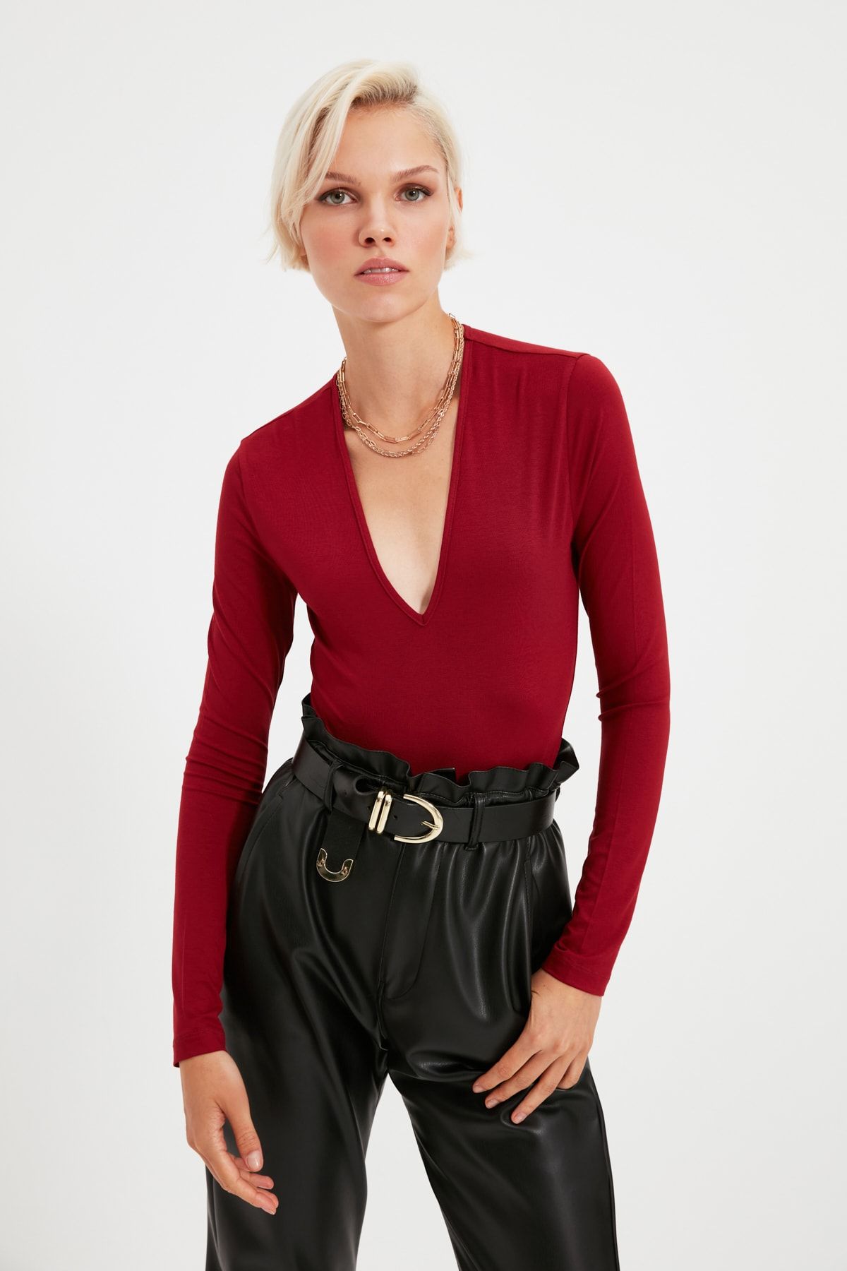 Trendyol Collection-Vínové pletené body s hlubokým výstřihem do V TPRAW22BD0084 6