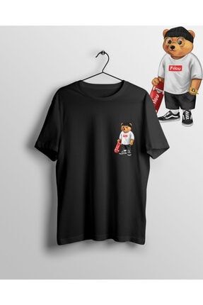 Unisex Stil Kaykaycı Ayı Teddy Bear Bisiklet Yaka Baskılı T-shirt Mithril0021