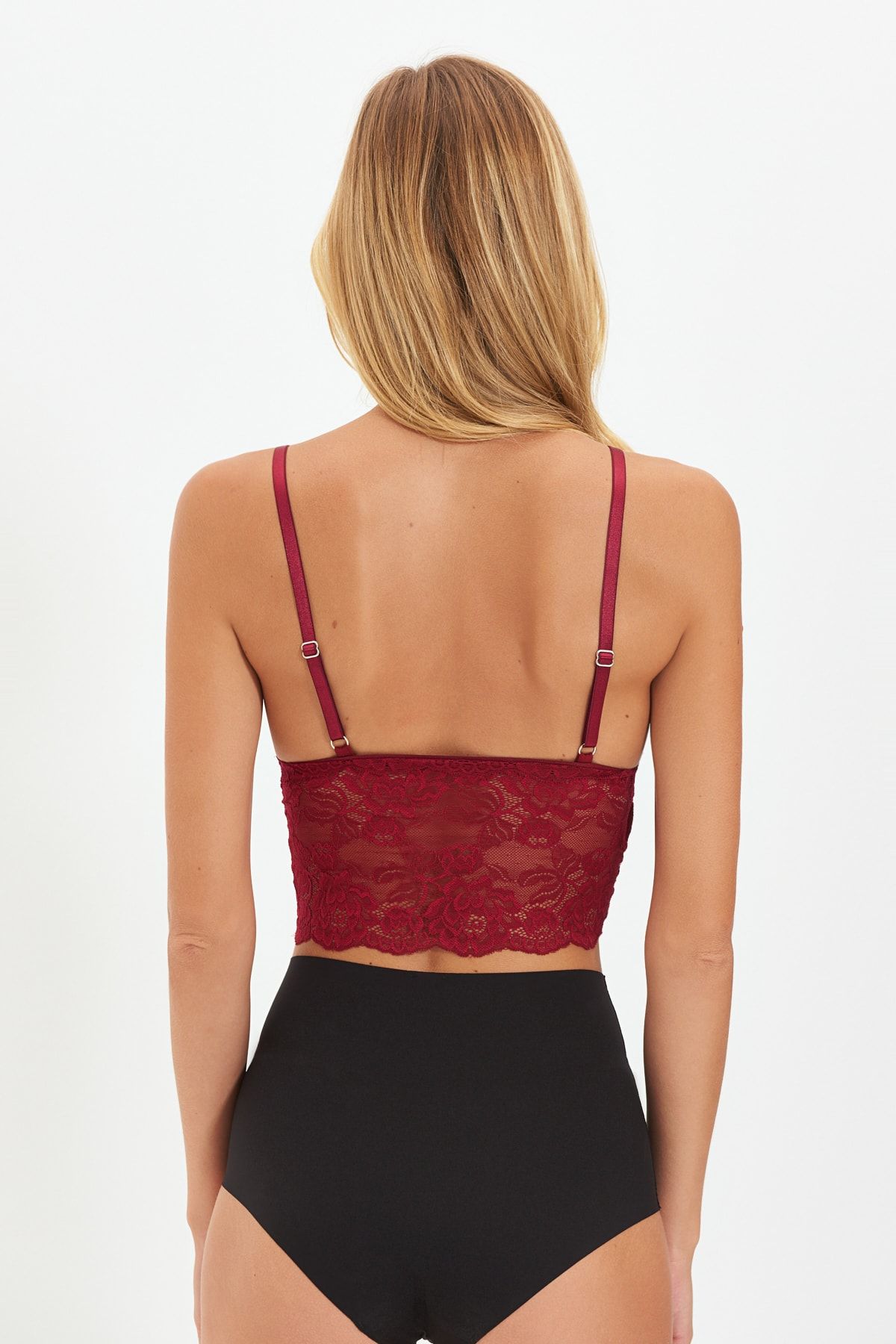 Trendyol Collection-Dreieckiges Bustier mit Kordelzug aus bordeauxroter Spitze – ohne Polsterung und Bügel THMAW21SU0050 5