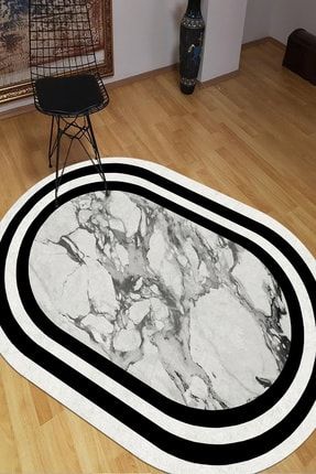 Siyah Beyaz Şeritli Mermer Desenli Oval Halı (makinada Yıkanabilir Kaymaz Dot Taban) - Wlly1108 WLLY1108-2
