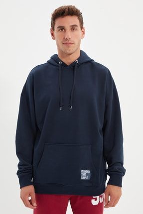 Lacivert Erkek Basic Kapüşonlu Oversize Etiketli İçi Yumuşak Tüylü Kalın Sweatshirt TMNAW21SW2005