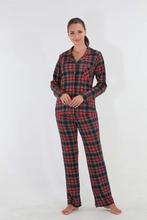 Étoile Büyük Beden Uzun Kol Ekose Desenli Pijama Takımı %100 Pamuk / 98119