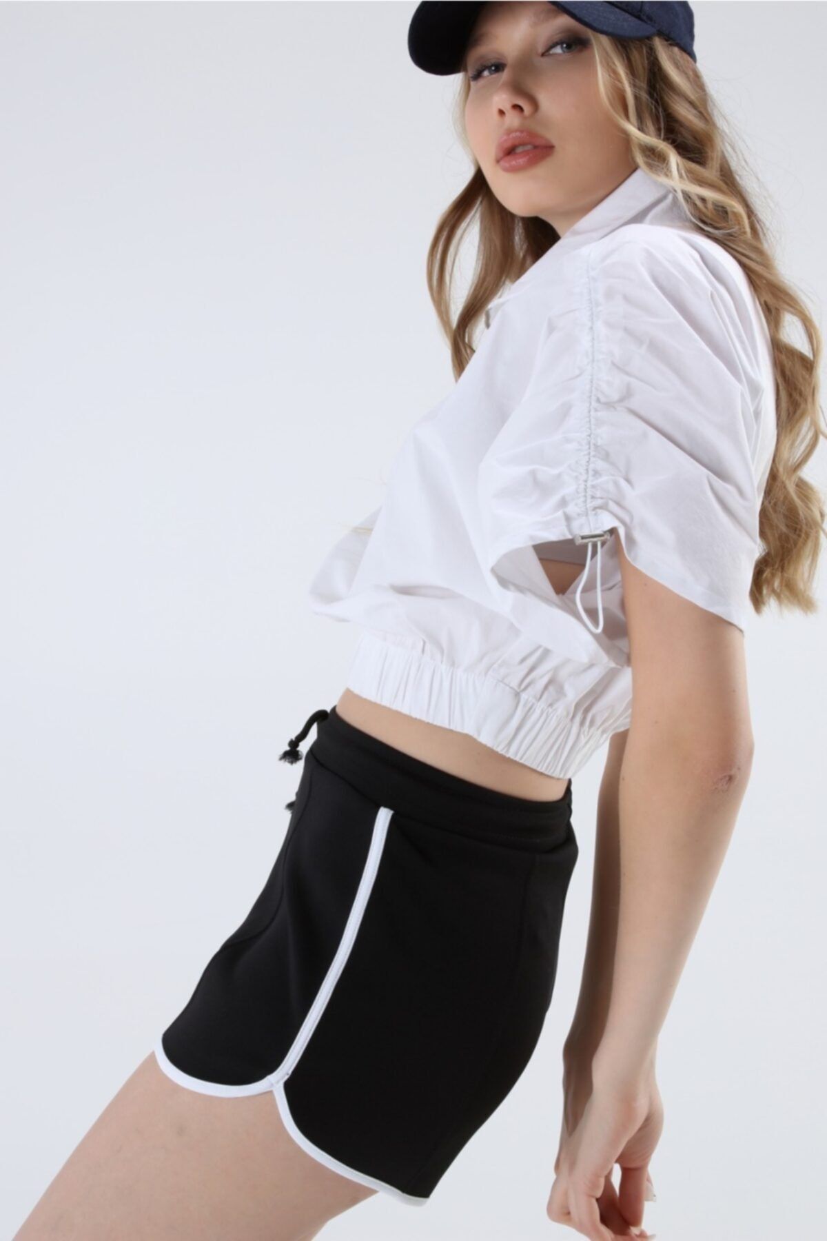 1Moda1Tarz-Black Knitted Fabric Striped High Waist Shorts with Elastic Waist Adjustable Lacing 8