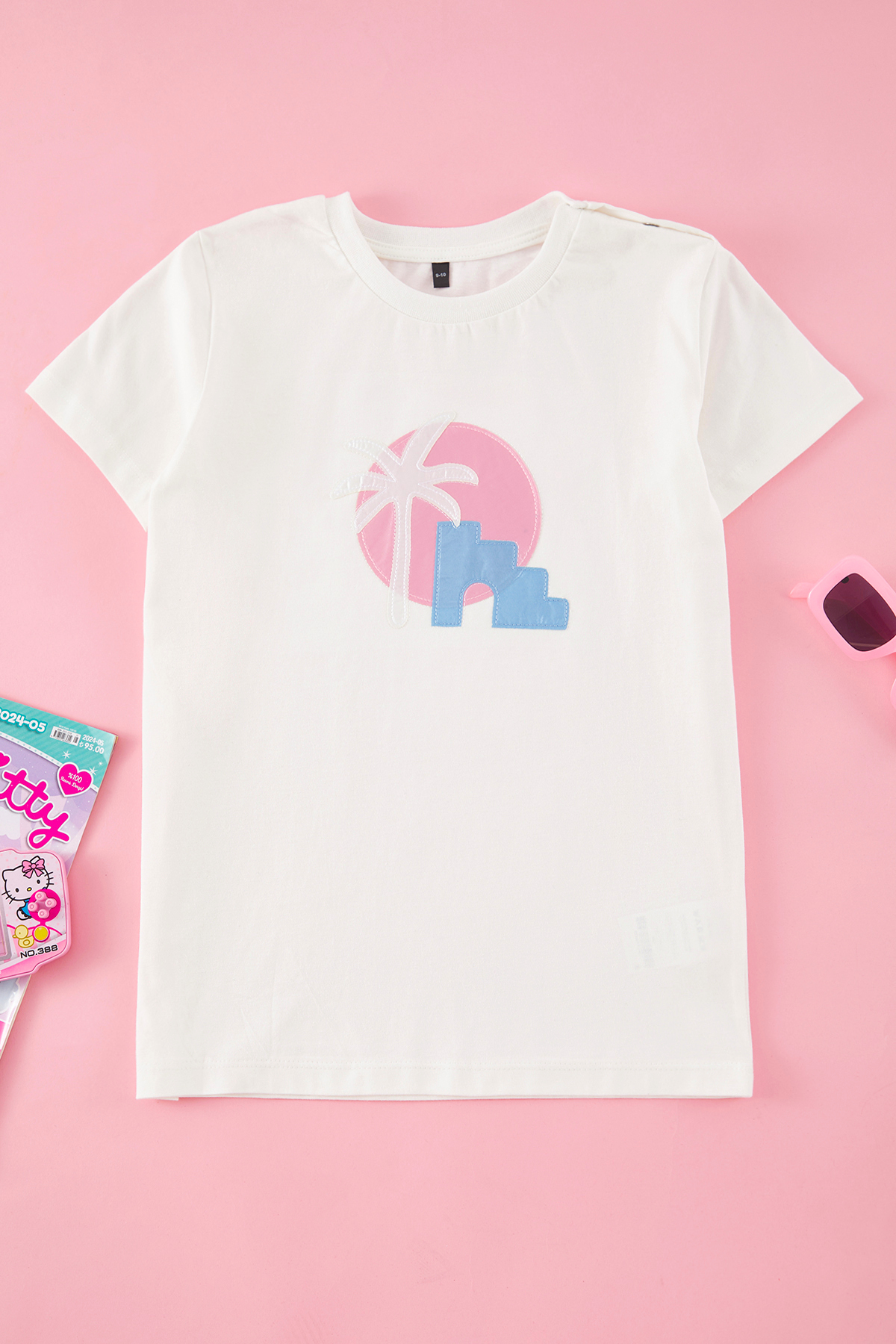 Trendyolmilla Kids Ekru Kız Çocuk %100 Pamuk Palmiye Baskılı Regular/Normal Kalıp Kısa Kol Örme T-Shirt TKDSS25TS00051