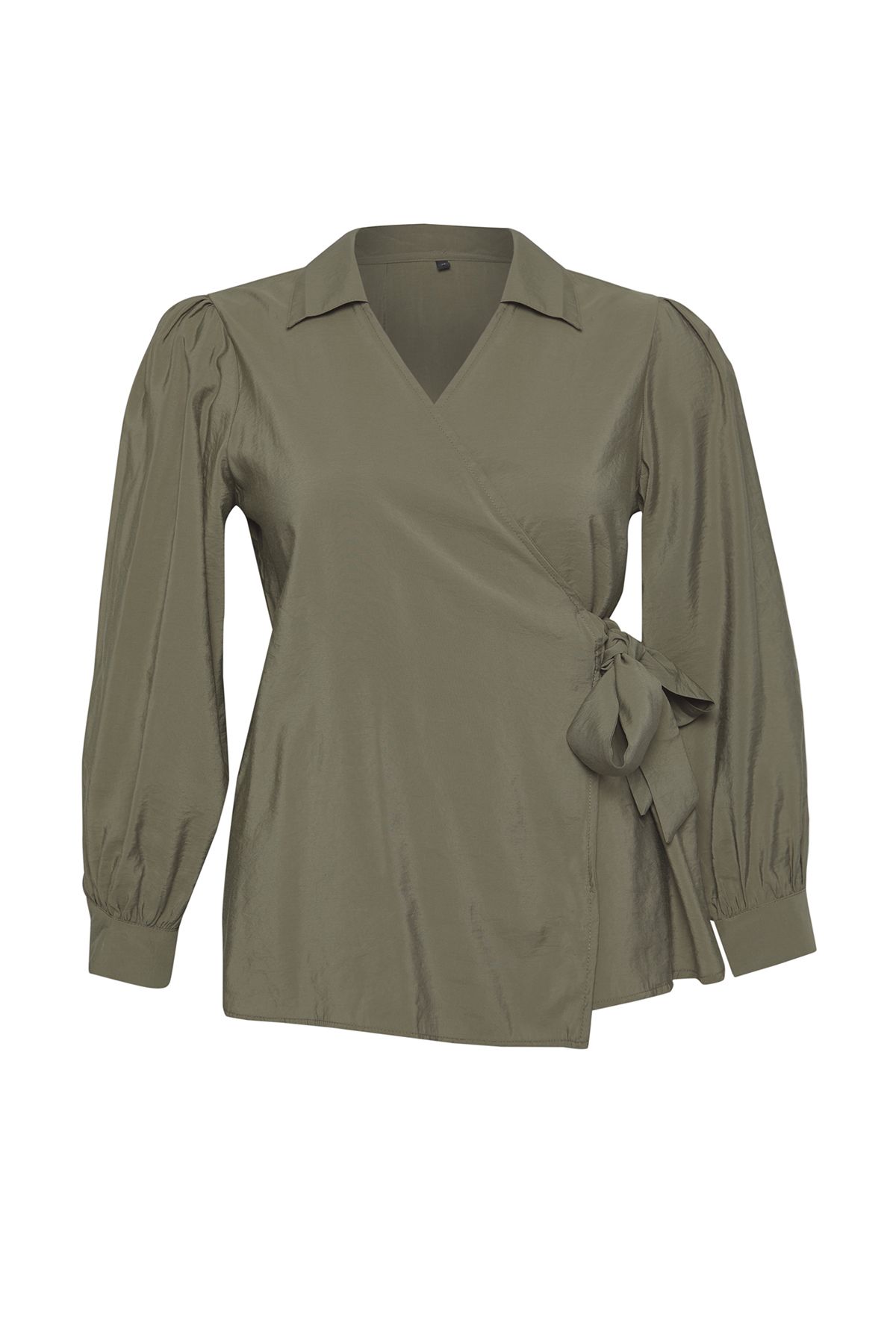 Trendyol Curve-Long Sleeve Khaki Double Breasted Blouse - Thin Modal Woven, Tie-Up, Plus Size Tbbss25Af00038 6