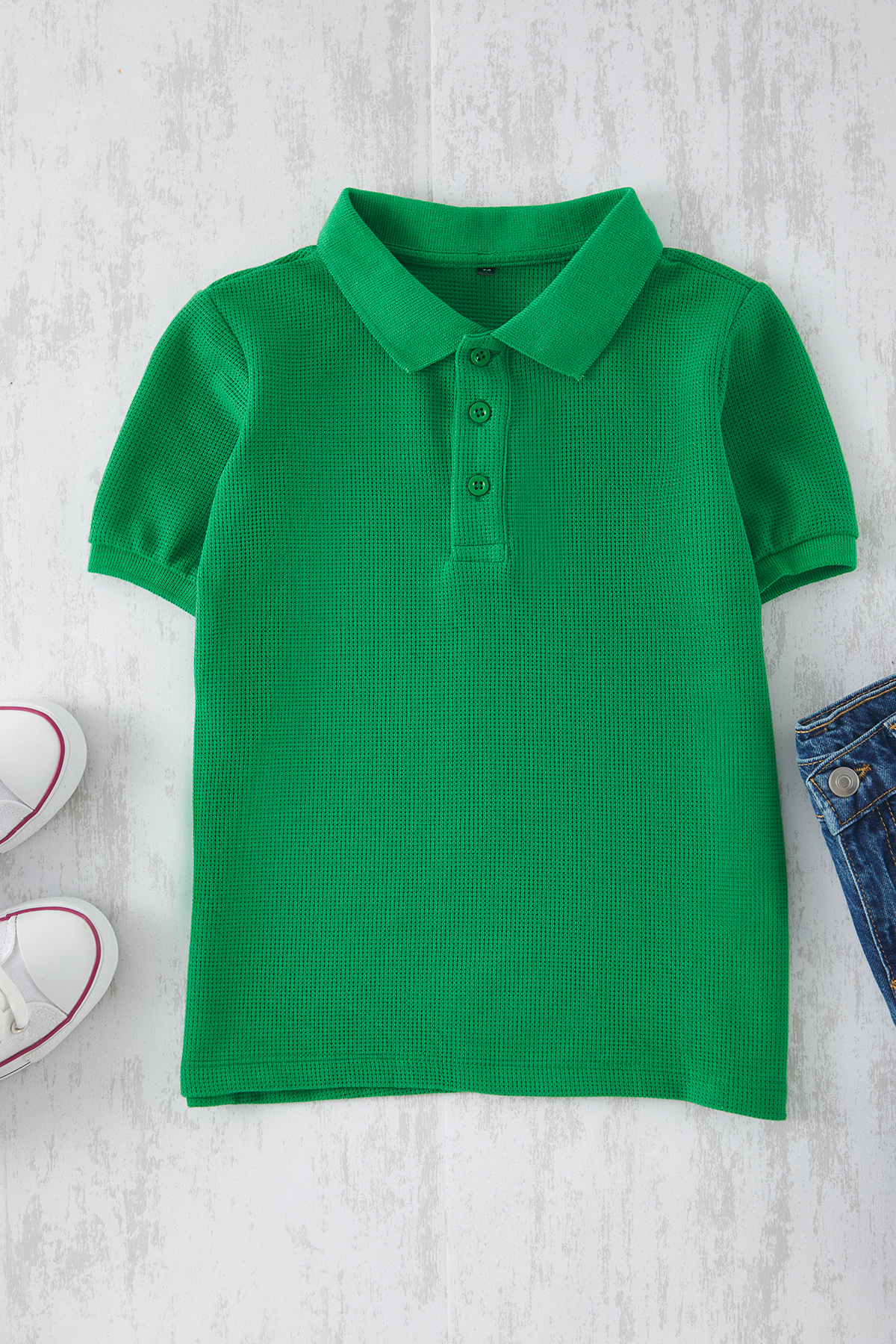 TRENDYOLKIDS Zelené chlapecké pletené tričko s rovným polo límcem Basic TKDSS...