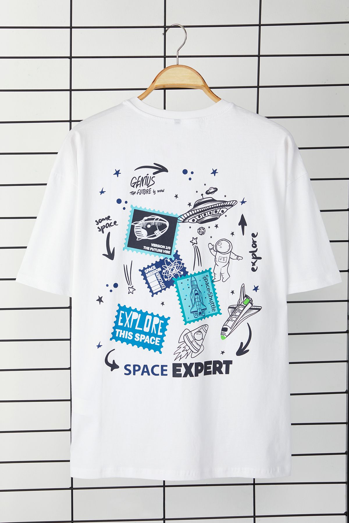 Trendyol Collection-White Oversize/Wide Fit Short Sleeve Galaxy Back Printed 100% Cotton T-Shirt 1