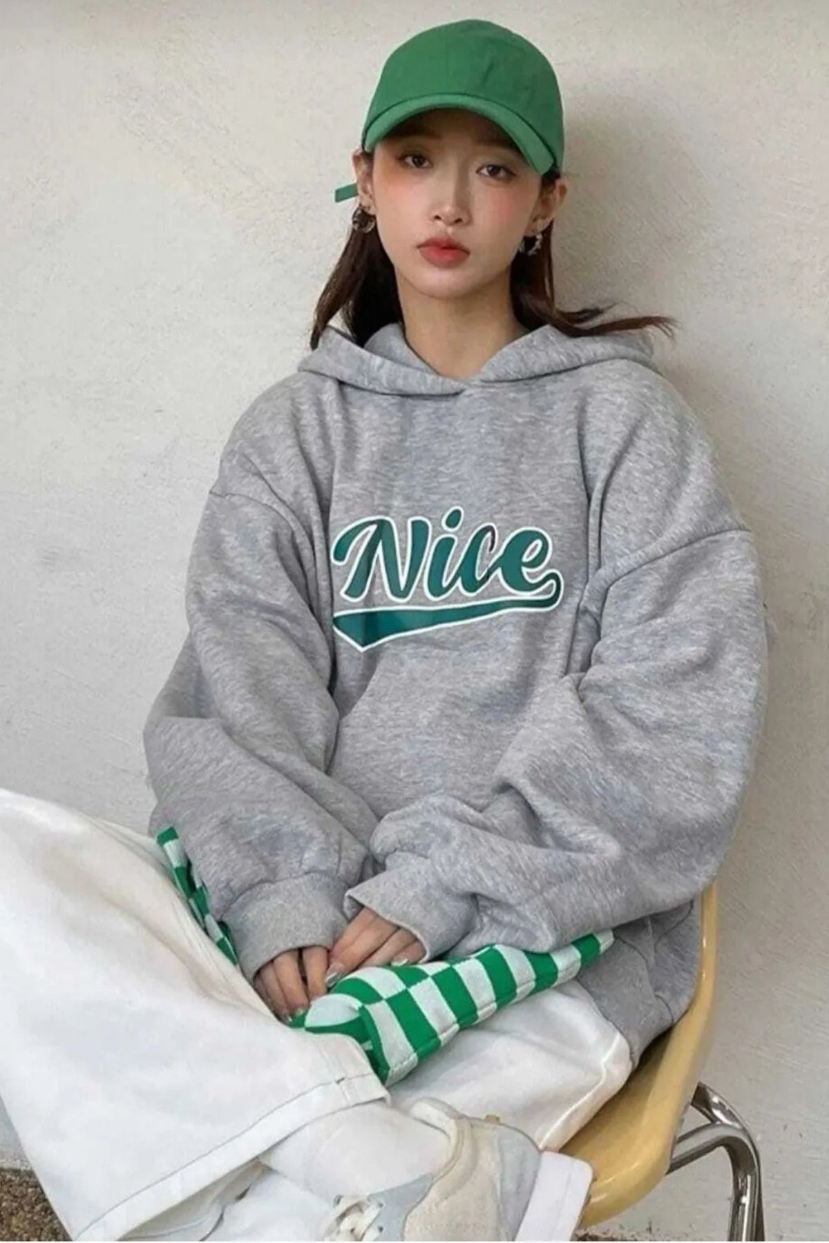 FECCY Pamuklu Nice Sweatshirt - Gri Baskılı Oversize Kışlık Kalın Kapüşonlu