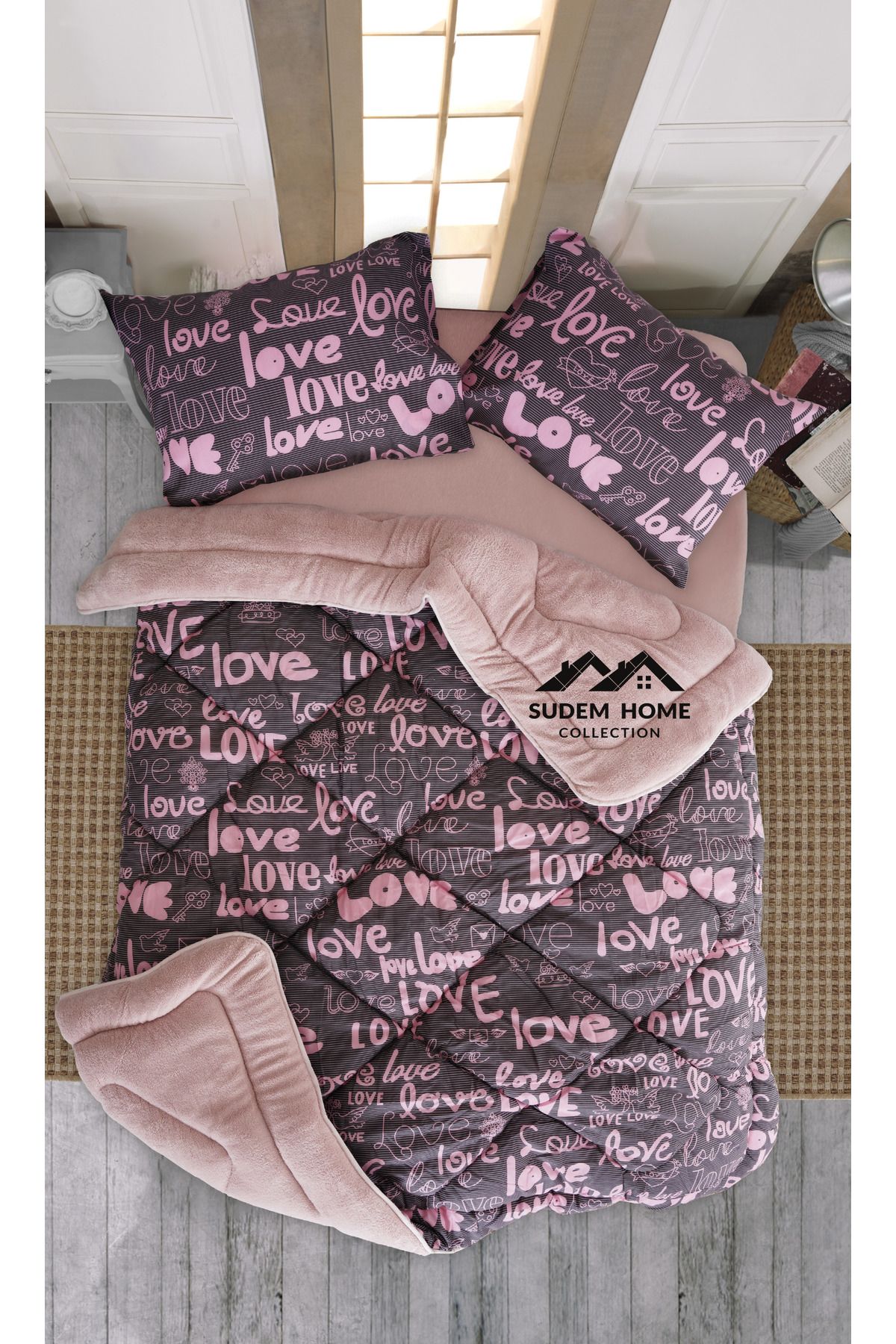 Sudem Home Collection Çift Kişilik Çift Taraflı Wellsoft Yorgan  Polar Pufidik Yorgan Seti Pudra Love