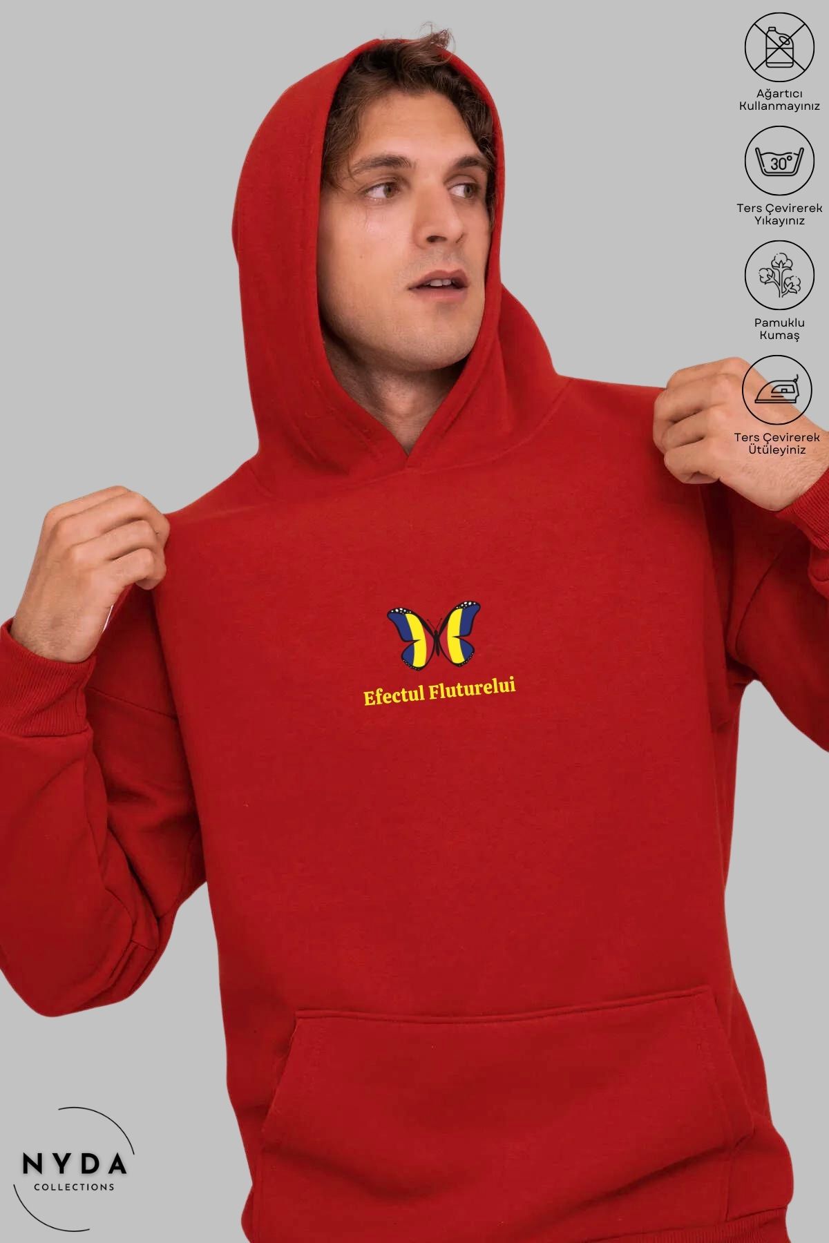 Nyda Collections Unisex Hoodie Romania Efectul Fluturelui Baskılı Kapüşonlu Şardonlu Oversize Pamuk Sweatshirt