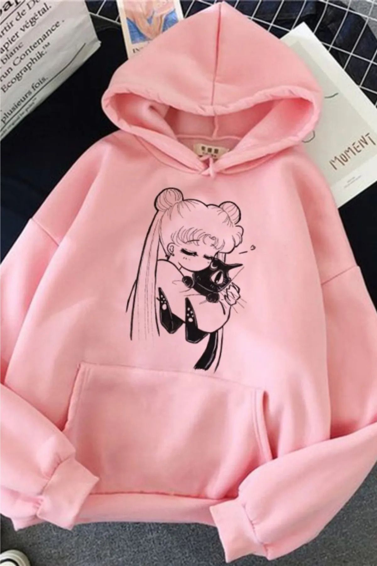 FECCY Pamuklu Tatlı Kız ve Kedi Baskılı Kapüşonlu Sweatshirt Hoodie