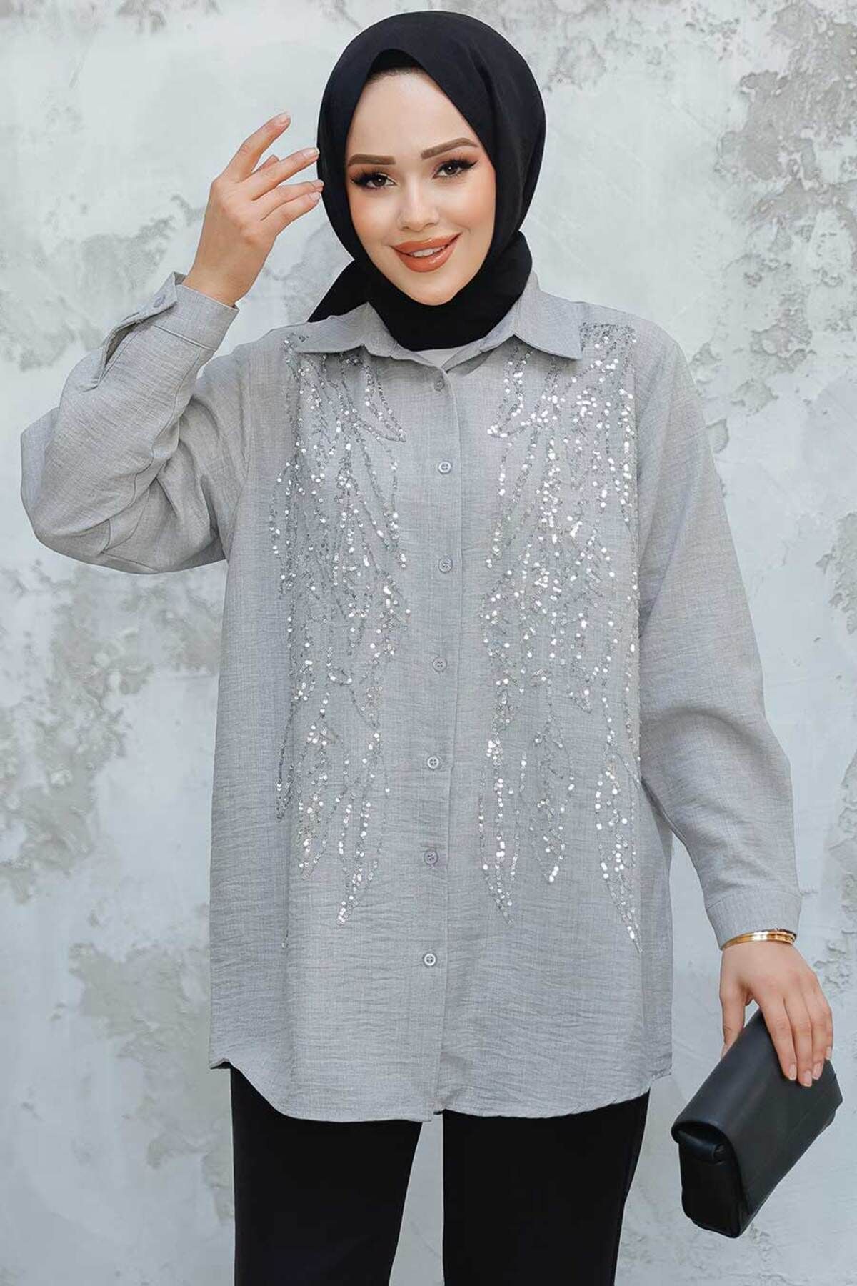 Neva Style-Bead Embroidered Gray Hijab Shirt 45280Gr 1