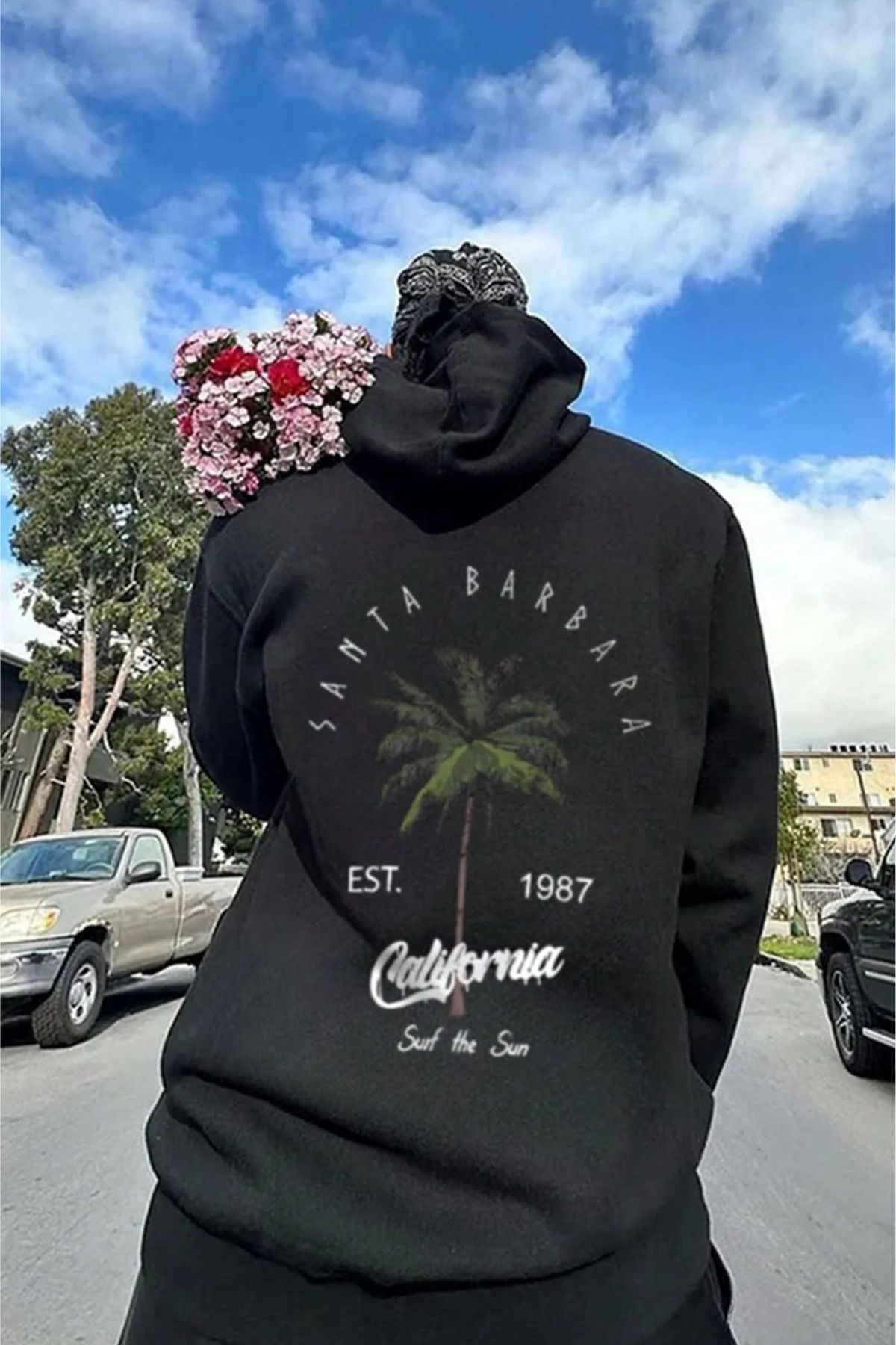 FECCY Pamuklu santa barbara ön arka baskılı siyah oversize kapşonlu sweatshirt hoodie