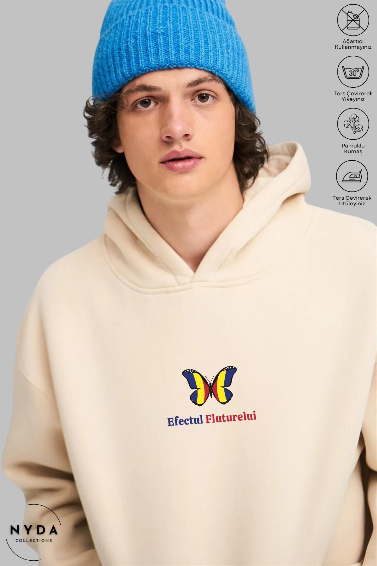 Nyda Collections Unisex Hoodie Romania Efectul Fluturelui Baskılı Kapüşonlu Şardonlu Oversize Pamuk Sweatshirt