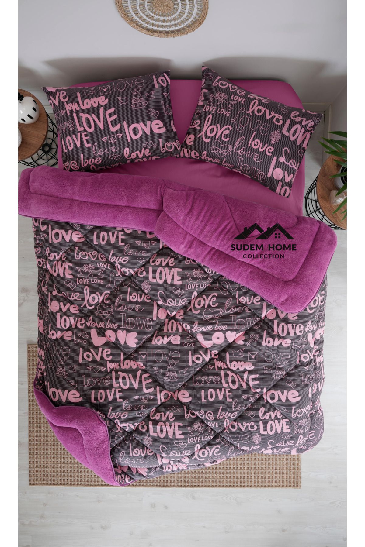 Sudem Home Collection Çift Kişilik Çift Taraflı Wellsoft Yorgan  Polar Pufidik Yorgan Seti Mürdüm Love