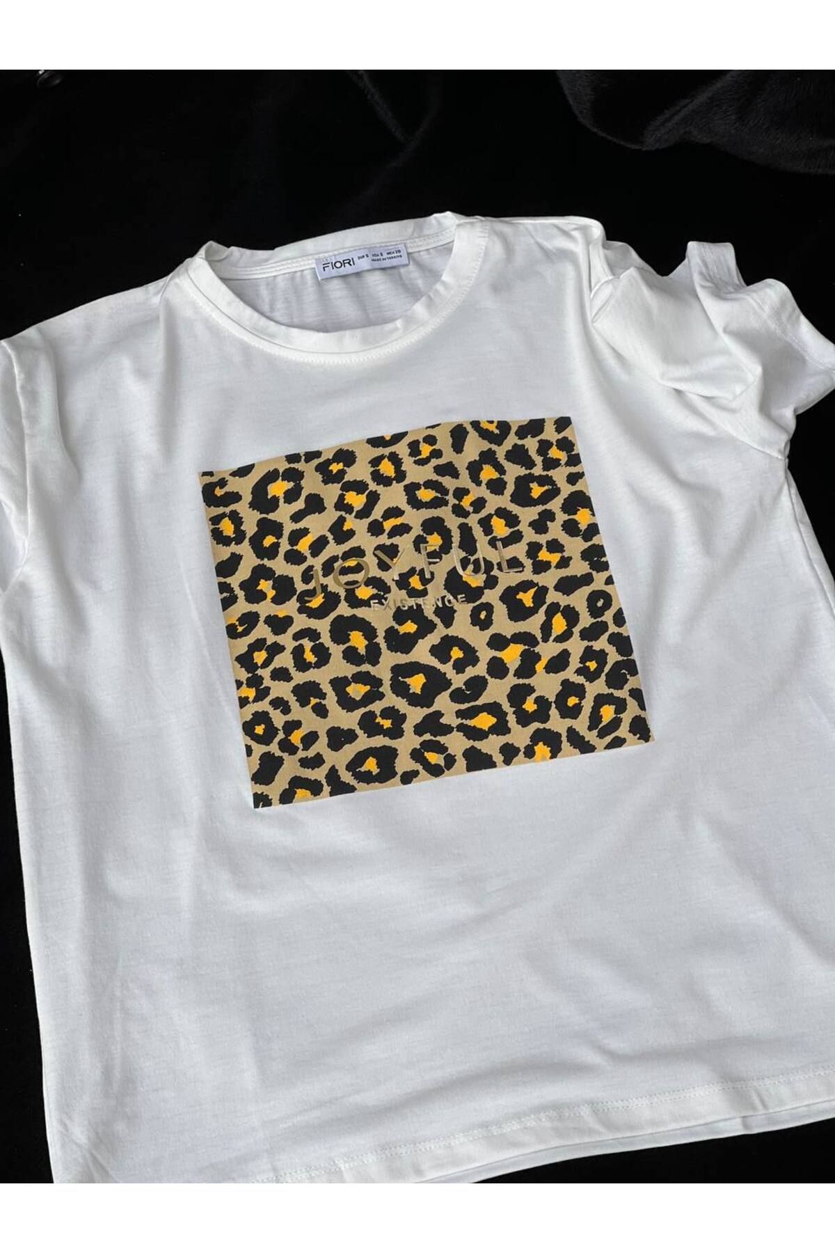 Fiori Yazı Baskılı Leopar Desenli T-Shirt