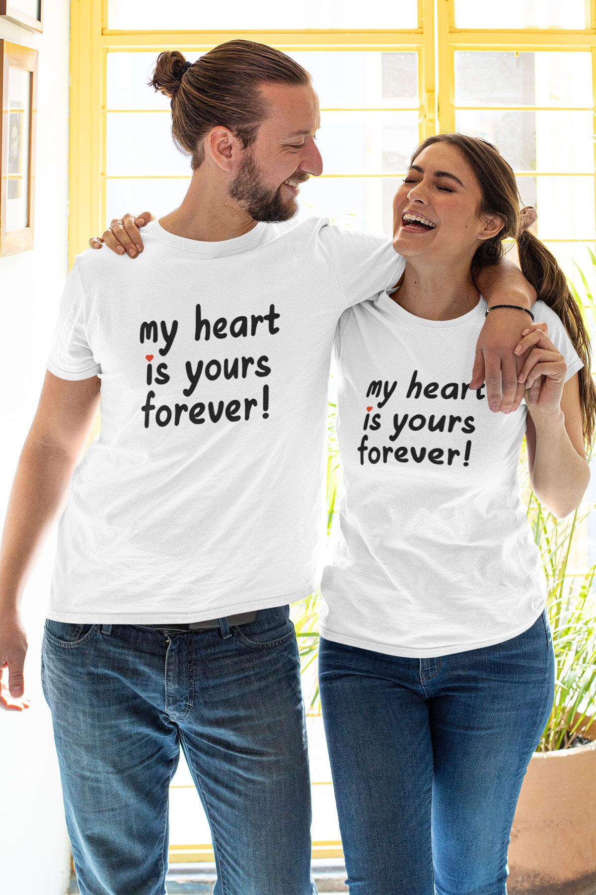 qoeuyl boutique My Heart Is Yours Baskılı Sevgili Çift Kombin İkili %100 Pamuk Sevgililer Günü Hediye T-Shirt